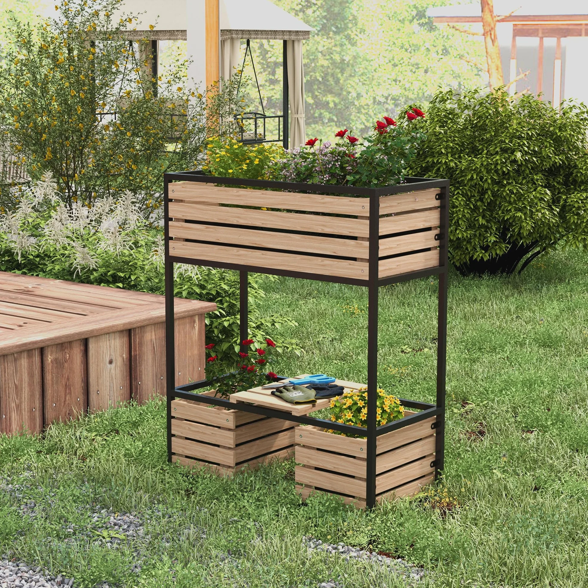 Outsunny Bac à fleurs surélevé en bois 2 niveaux avec étagère 83 x 39 x 100 cm brun clair