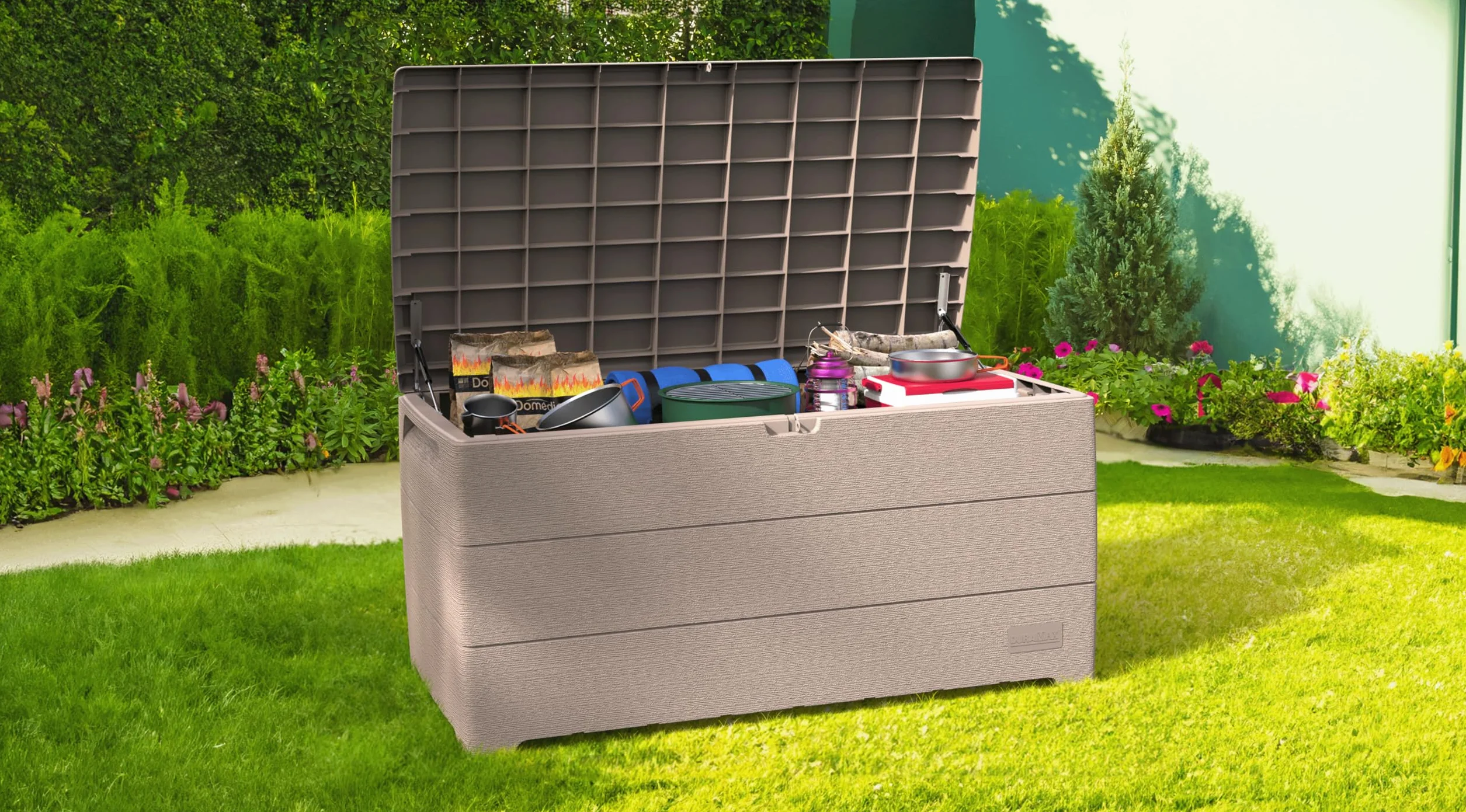 Duramax Durabox 416 Litre Plastic Storage Box Outdoor Deck Box Garden Cushion Box Woodgrain Texture Warm Taupe