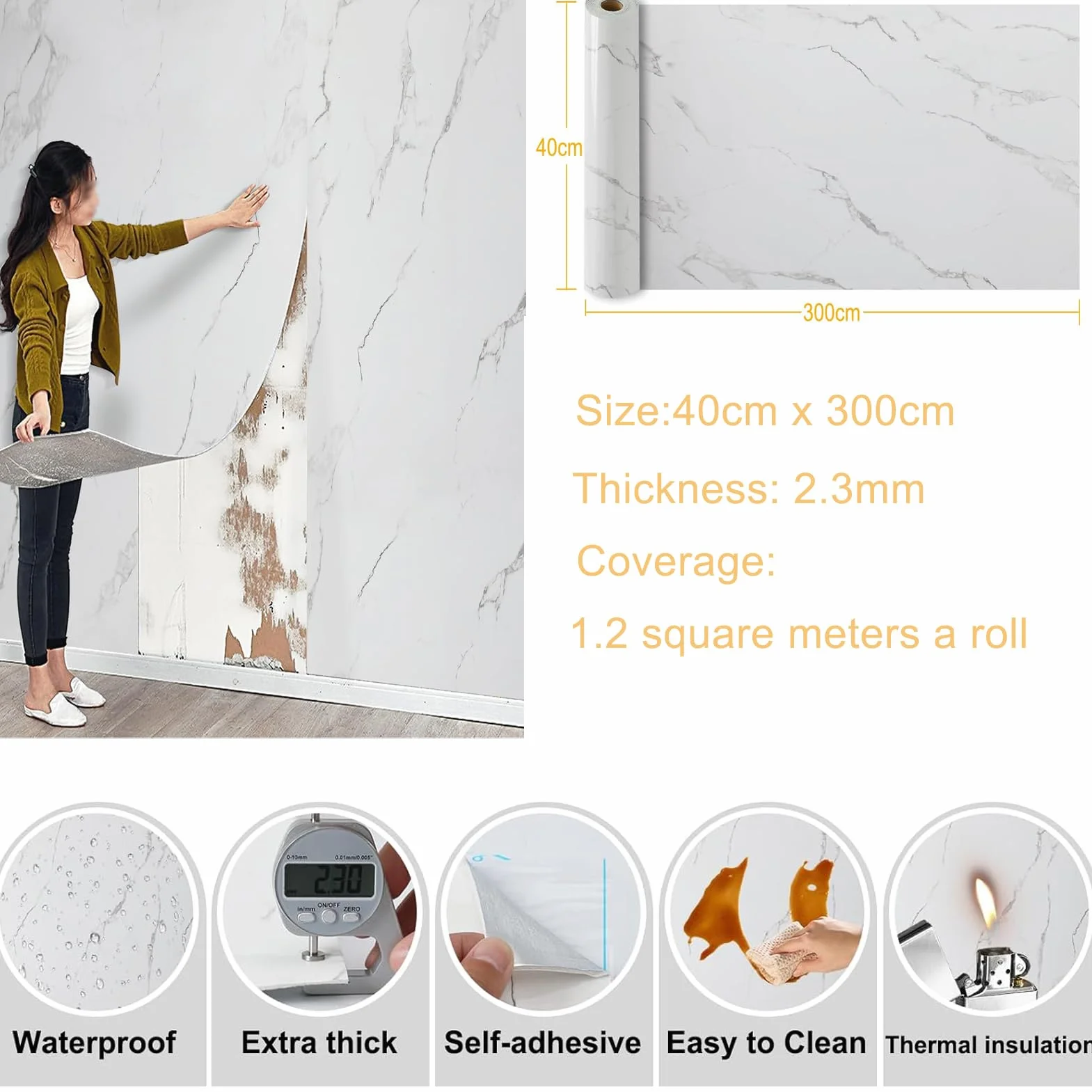 Panneaux Muraux Autocollants Effet Marbre 40x300cm 2,3mm Étanches Salle de Bain Cuisine