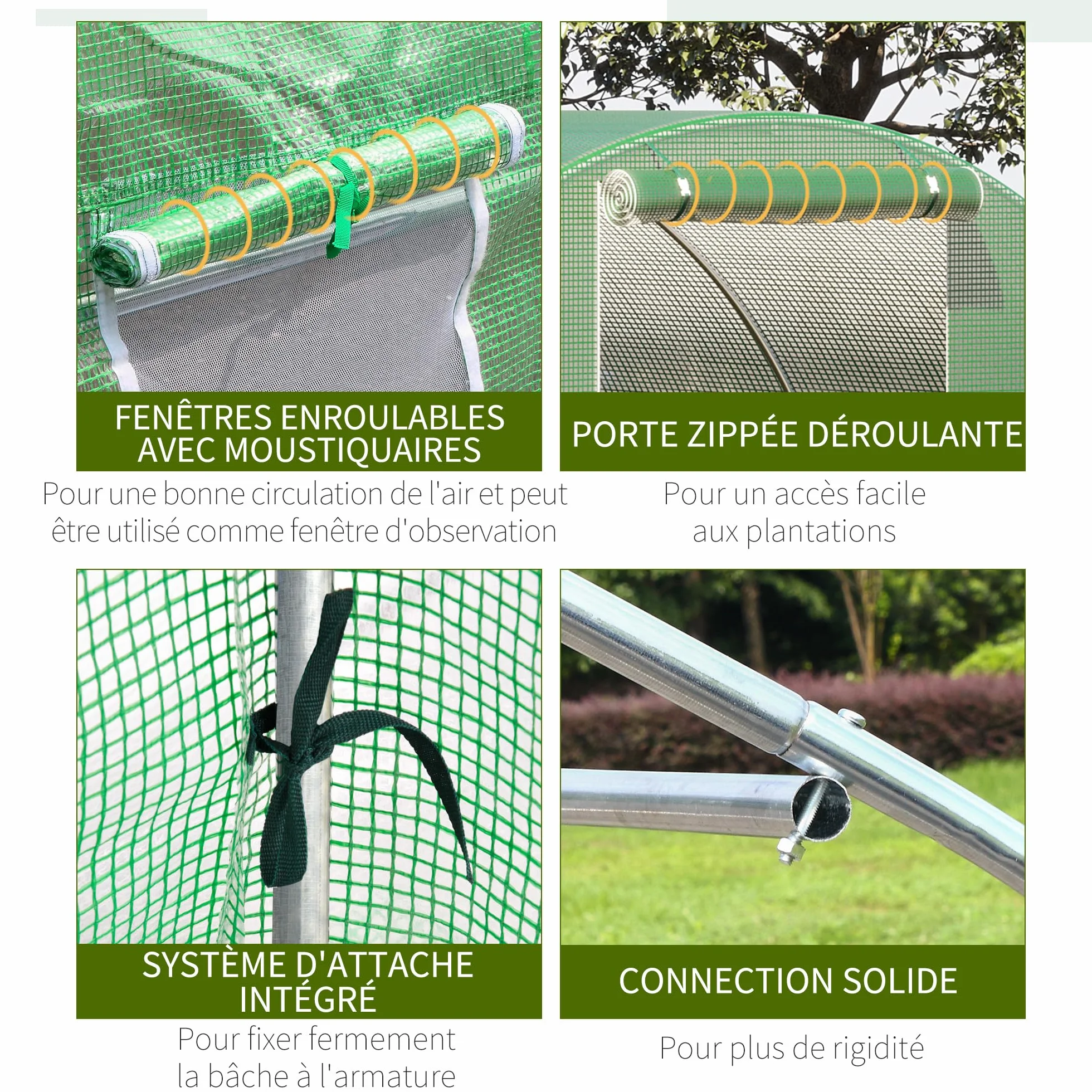 Outsunny Serre de Jardin Tunnel 13,5 m² dim. 4,5L x 3l x 2H m - 6 fenêtres, Porte zippée Enroulable - châssis Tubulaire Acier galvanisé, bâche PE Haute densité Vert