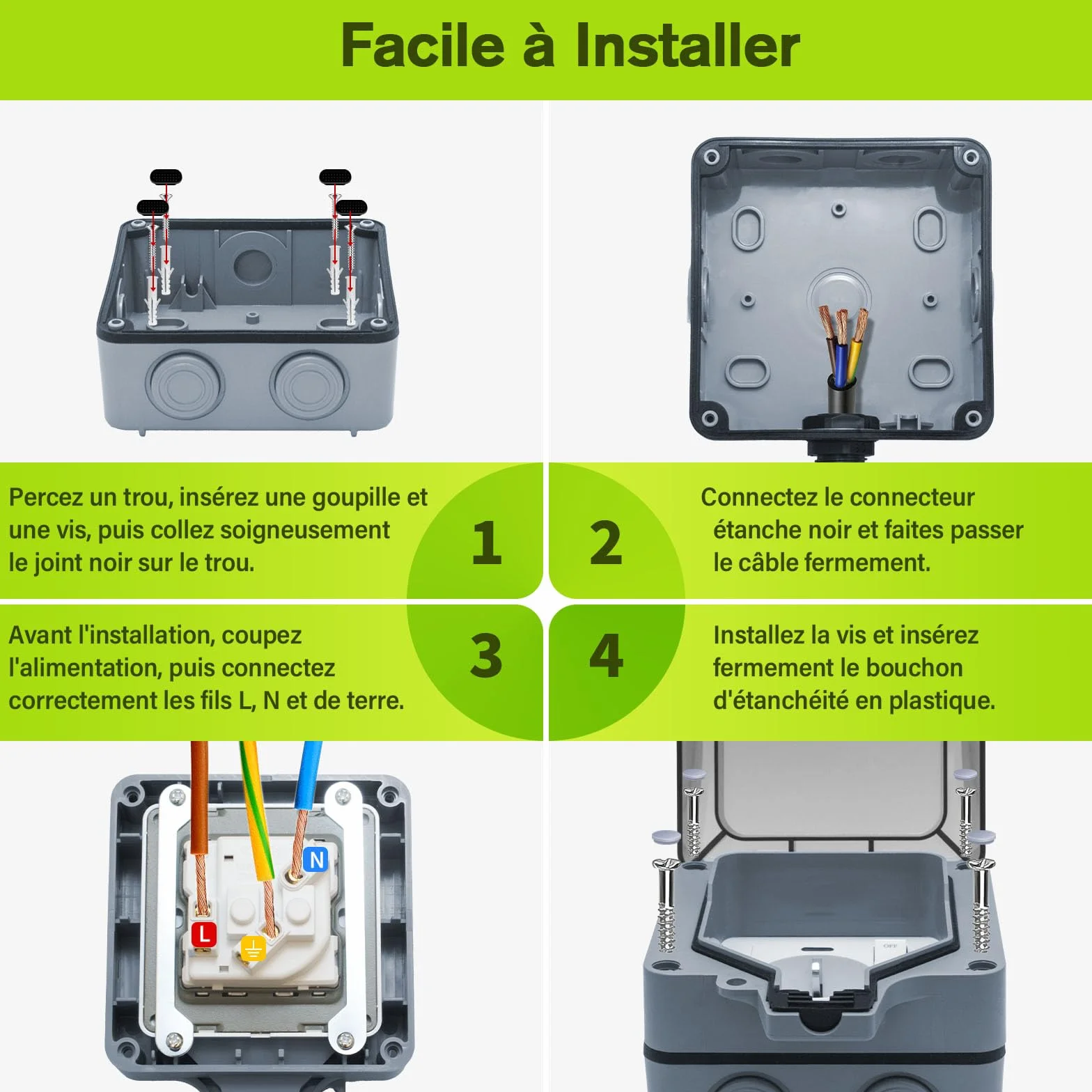 Prise Extérieure Étanche IP66 avec Interrupteur LED, Fixation Murale Gris