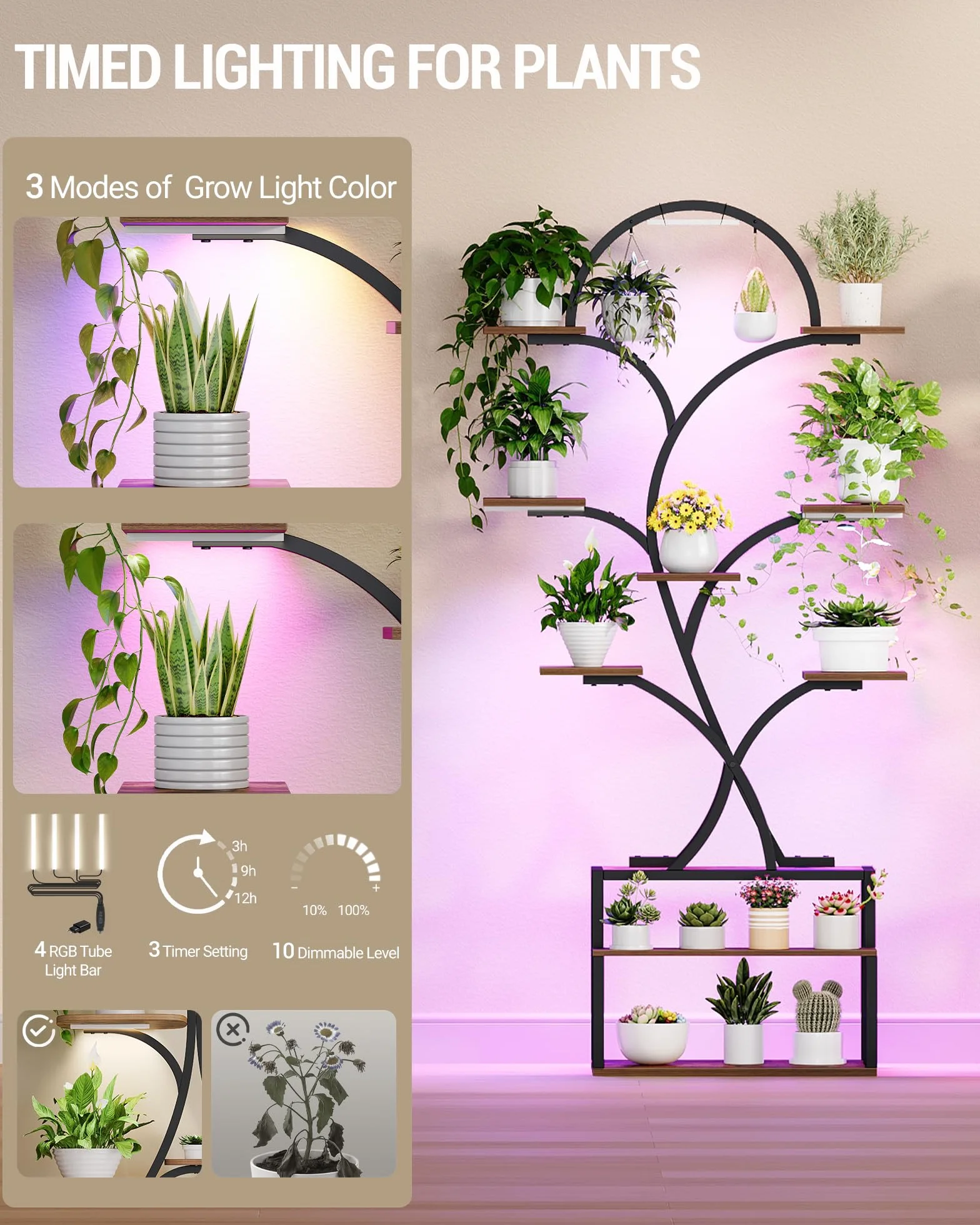 Étagère à Plantes avec Lampe LED 10 Niveaux Bois 168 cm Noir