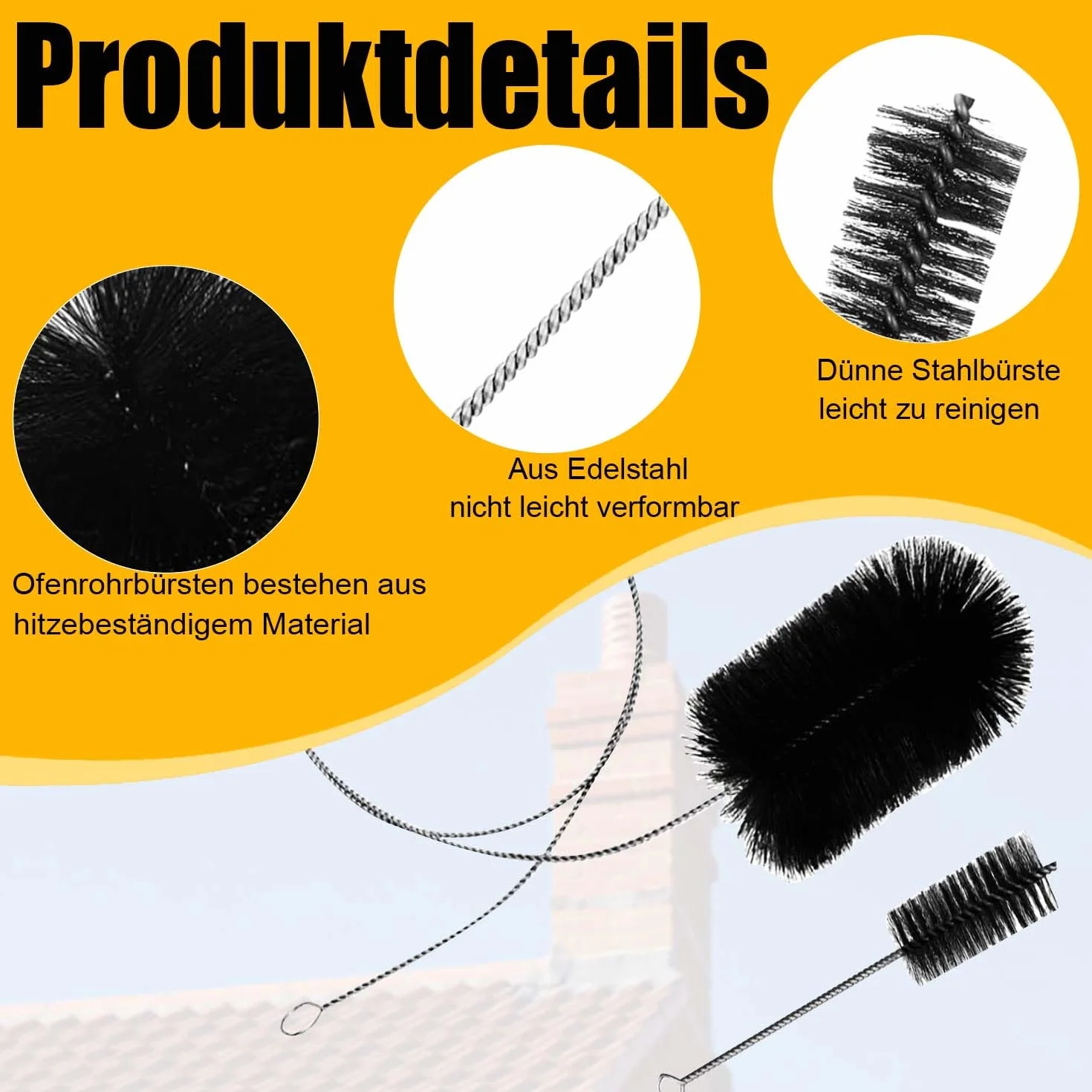 Lot de 2 Brosses pour Conduit de Poêle, Brosse de Nettoyage en Fil d'Acier, Kit Nettoyage Gaine Souple VMC