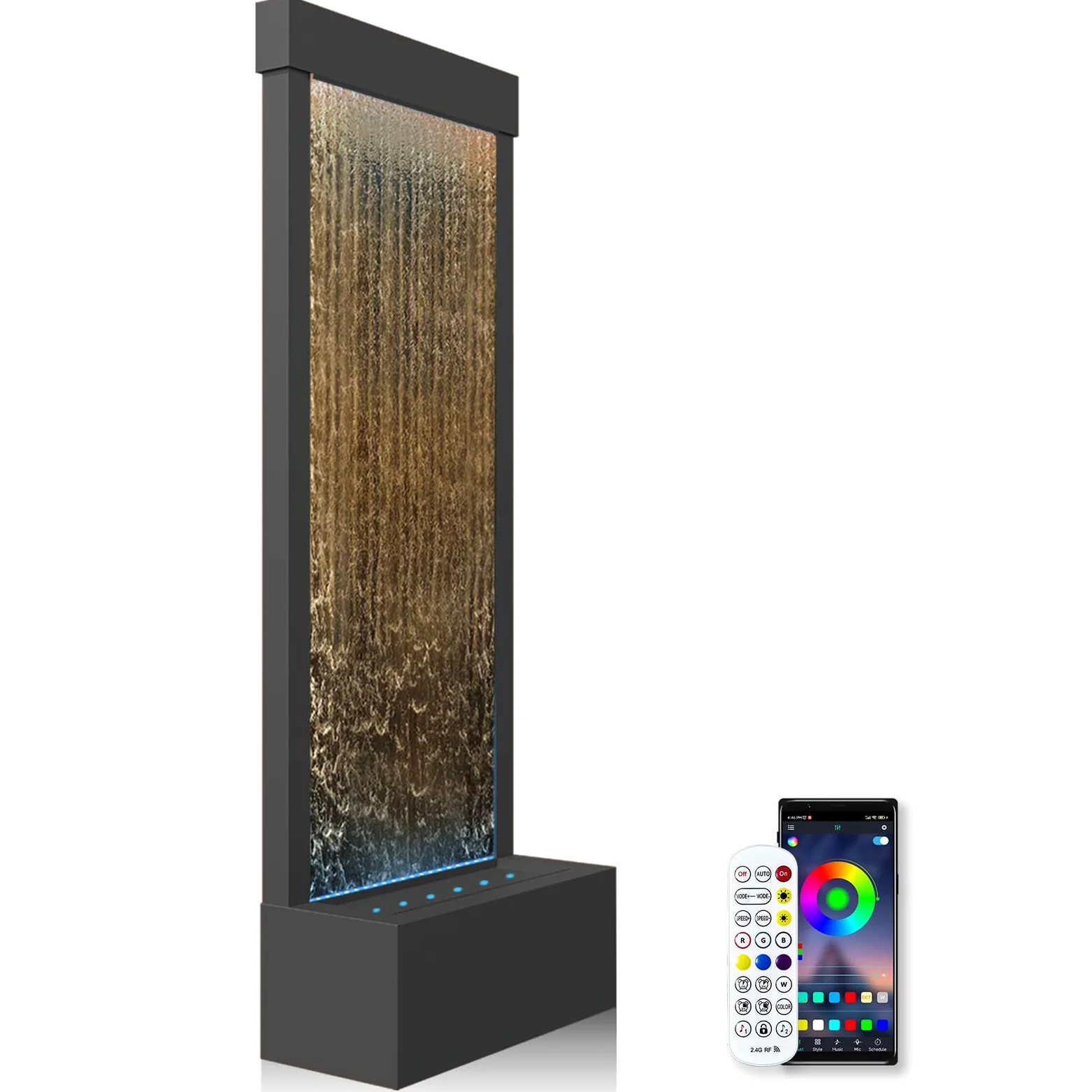 LONGRUN Grande Fontaine de Jardin et Cascade intérieure, contrôle APP, éclairage LED. 45,5x20x123cm, paroi d'eau INOX (Jardin/intérieur) avec Pompe. Cascade Moderne - Miroir Bronze Noir