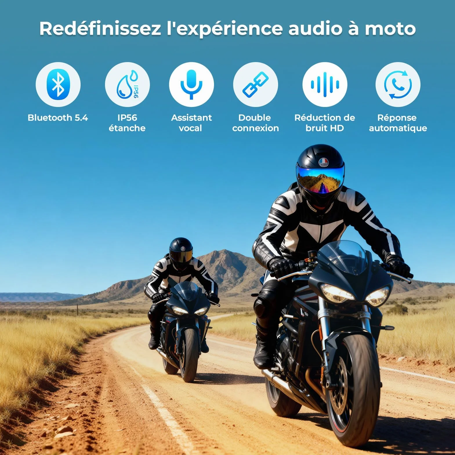 Xmenha Intercom Moto Bluetooth Casque Suppression Bruit CVC Système Interphone Wireless 5.1 Radio IP65 Étanche 2 Pack