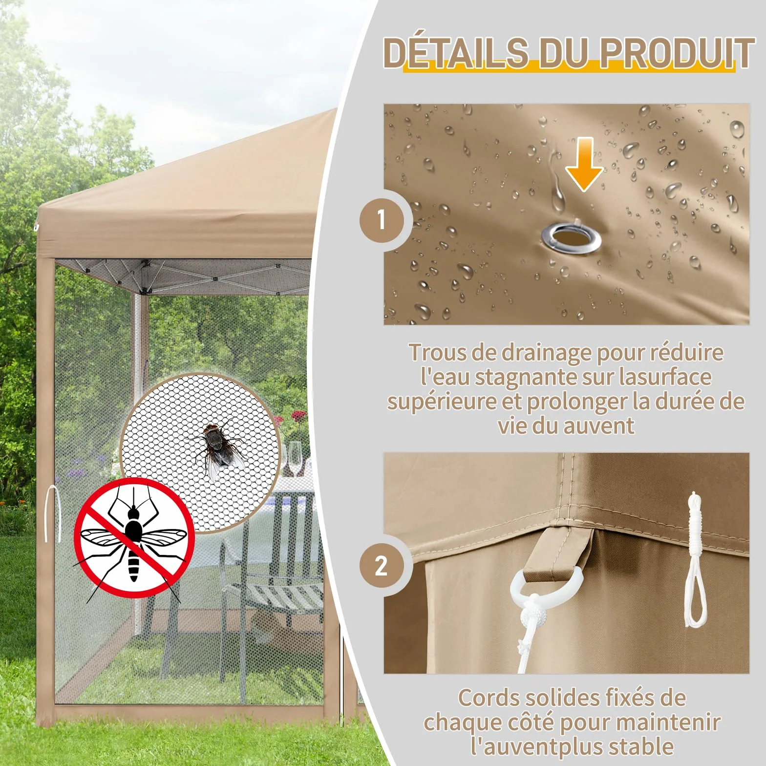 LEADZM Tonnelle Pliable 3x3 m Imperméable Anti-UV 50+, Hauteur Ajustable avec 4 Moustiquaires, Structure Stable, pour Jardin, Terrasse, Camping Et Usage Professionnel,Kaki