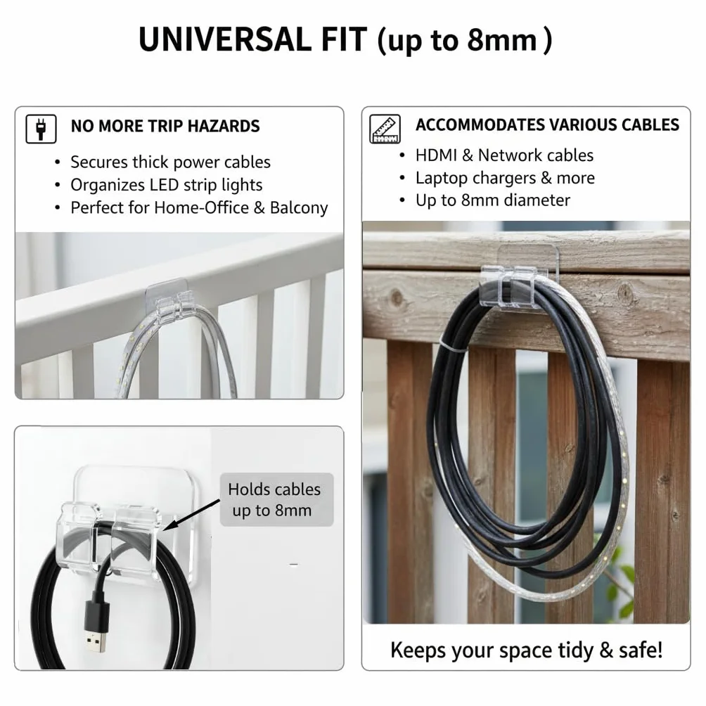 Clips Câble Adhésifs Ultra-Forts pour Extérieur et Intérieur | Crochets Gestion Câbles Guirlandes Lumineuses TV PC Ethernet