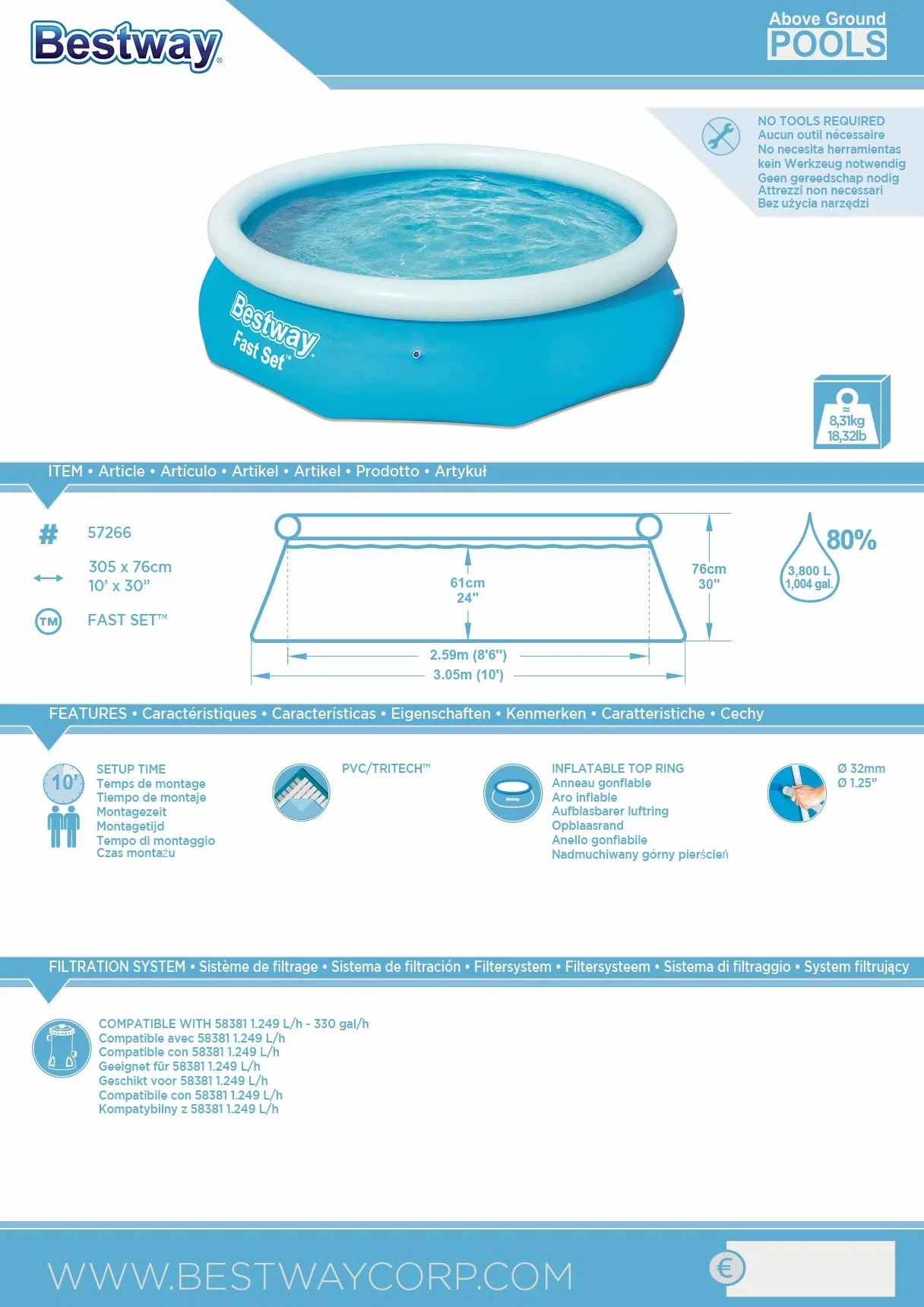 Bestway Fast Set Piscine Hors Sol 305 x 76 cm Effet Pierres
