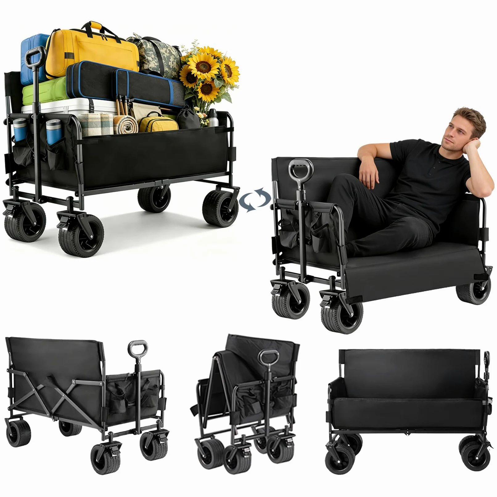 Nine point nine Chariot de Plage Transformable en Banc, Capacité de 445LBS Chariot Pliable, Charette de Transport avec Poignée Flexible, Charette avec roulettes (008 Black)