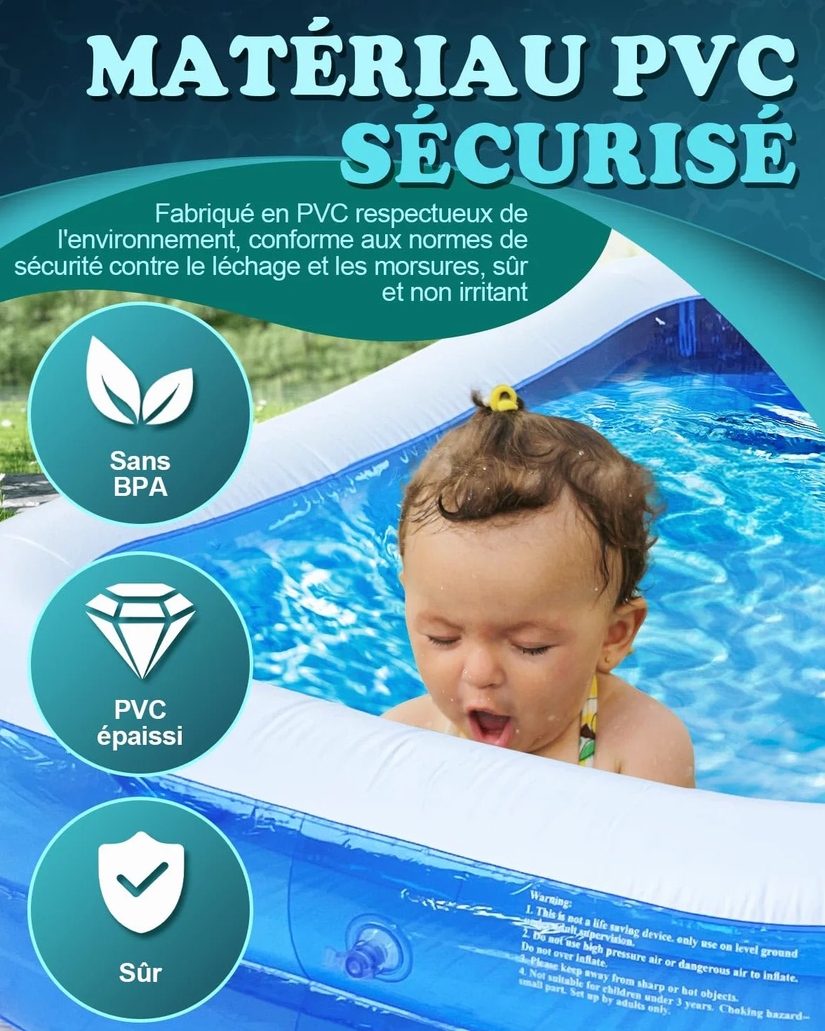Piscine Gonflable Rectangulaire 200 x 150 x 50 cm PVC Épais Résistant Double Couche Enfant Adulte Jardin