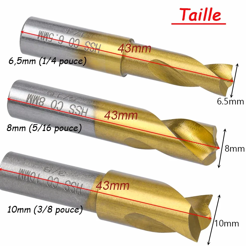 Mesee Lot de 3 Forets à Souder par Point HSS CO Plaquée en Titane 6.5mm/8mm/10mm