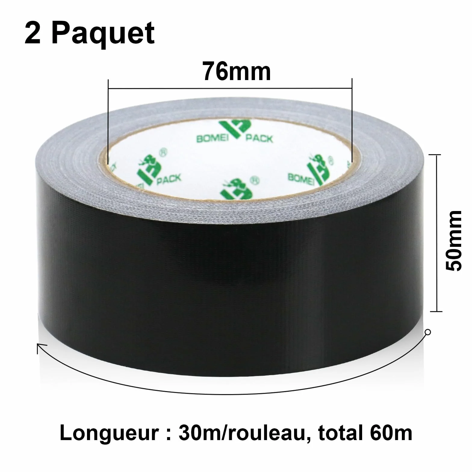 BOMEI PACK Ruban Adhésif Toilé Noir Heavy Duty Duct Tape 50 mm x 30 m