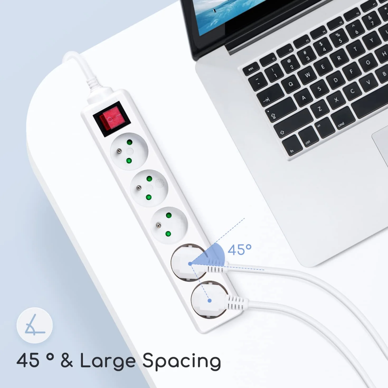 Aigostar Multiprise 5 Prises avec Interrupteur 2P+T 1.5 Mètre 16A 250V Blanc Sécurité Enfant