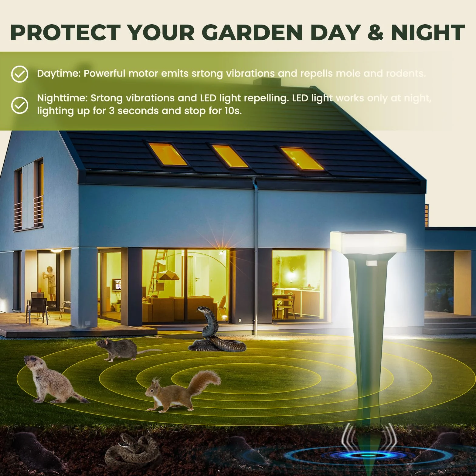 Anti Taupe Solaire Étanche 3 Modes Vibration LED, Répulsif Taupe Serpent Rongeurs Jardin 2 Pièces Vert