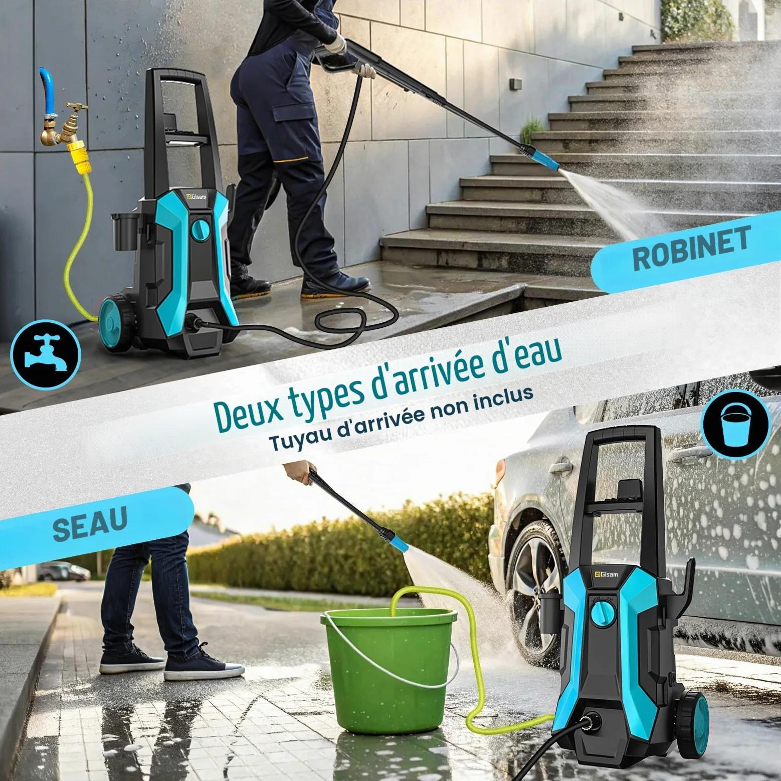 Gisam 2200W Nettoyeur Haute Pression, avec Enrouleur De Tuyau De 8m, Max 180bar,DéBit 480l/H,avec Bouteille De Savon Buse à Mousse, Pistolet Haute Pression pour, Voitures/ClôTures/Jardin