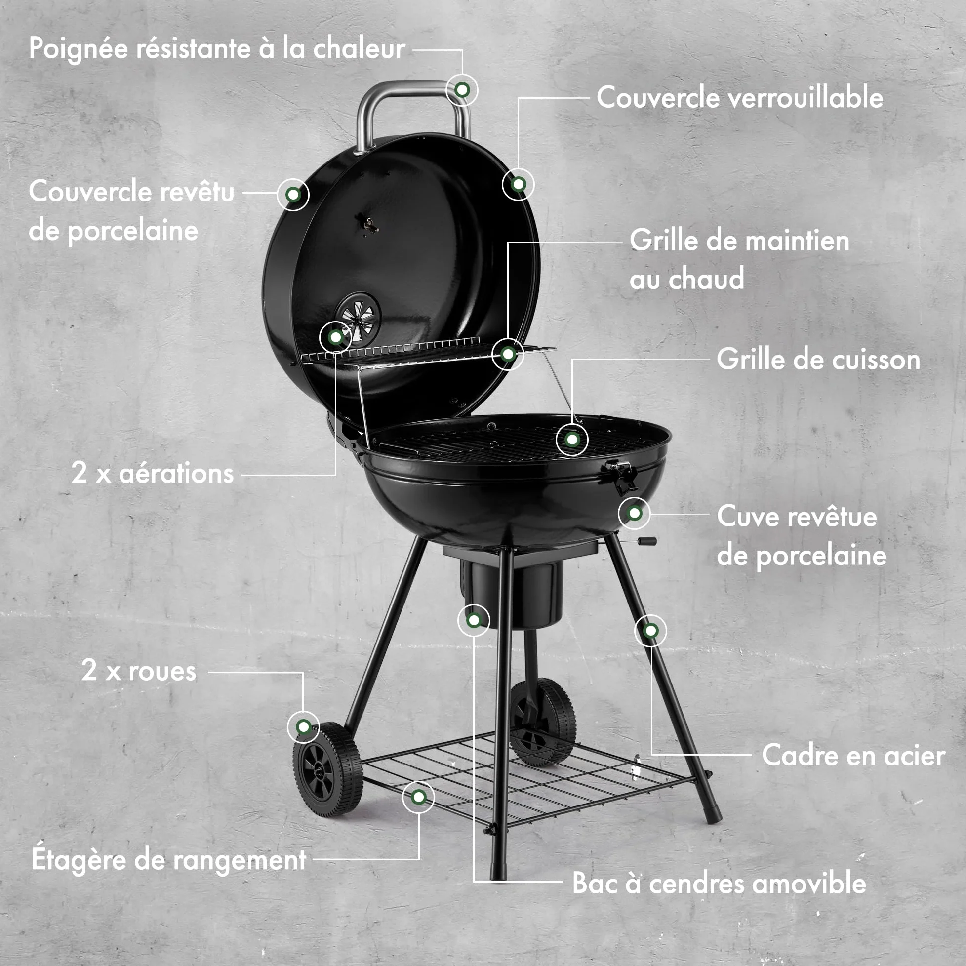 VonHaus Barbecue au Charbon 22.5" – Barbecue Portable avec Grille de Maintien au Chaud, Thermomètre, Étagère, Roues, Couvercle Verrouillable, Bac à Cendres et Grande Grille pour Viande et Légumes