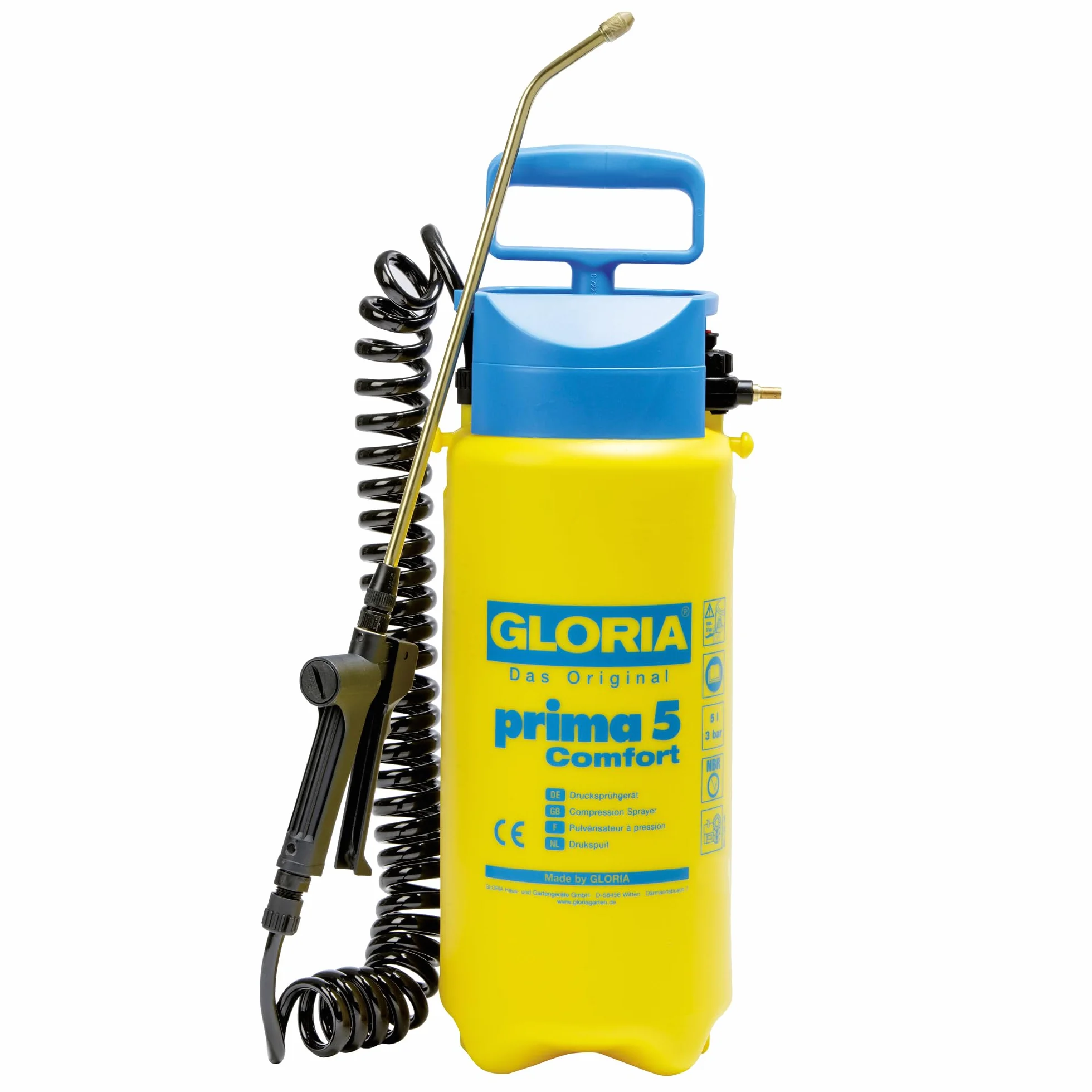 GLORIA Pulvérisateur de Jardin Prima 5 Comfort | Pulvérisateur à Pression 5 L | Tuyau spiralé 2,5 m & raccord compresseur | Désherbage, traitements & Engrais