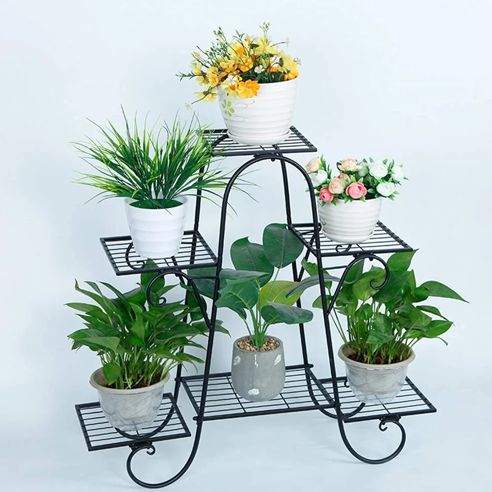 CarolynDesign Support de pot de fleurs à 6 étages en métal noir pour intérieur et extérieur