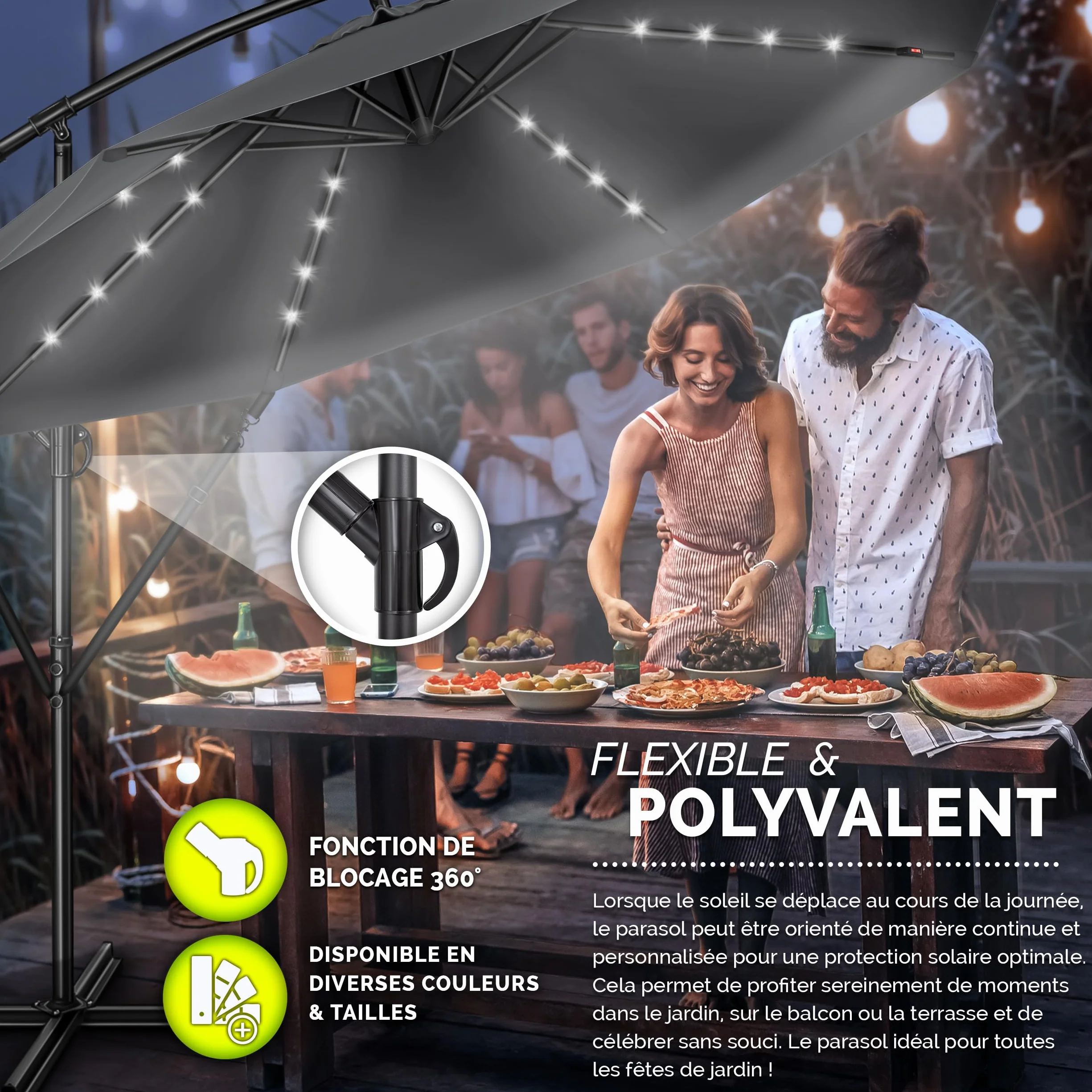 Parasol déporté LED solaire hexagonale 3M avec manivelle Protection UV en aluminium pour jardin