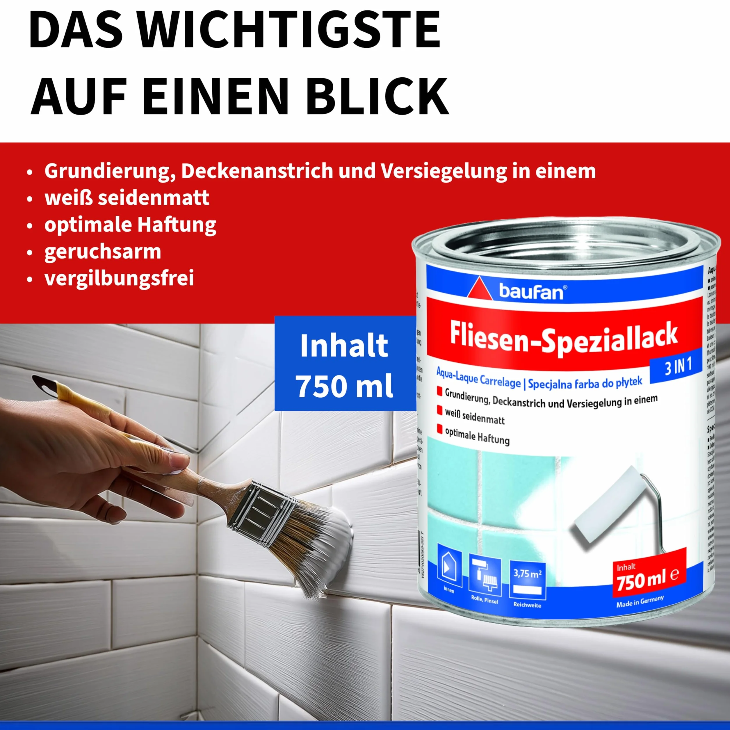 Baufan 3in1 Vernis Spécial Blanc Satiné Salle de Bain Cuisine Intérieur Peinture Carrelage Finition Vitrification