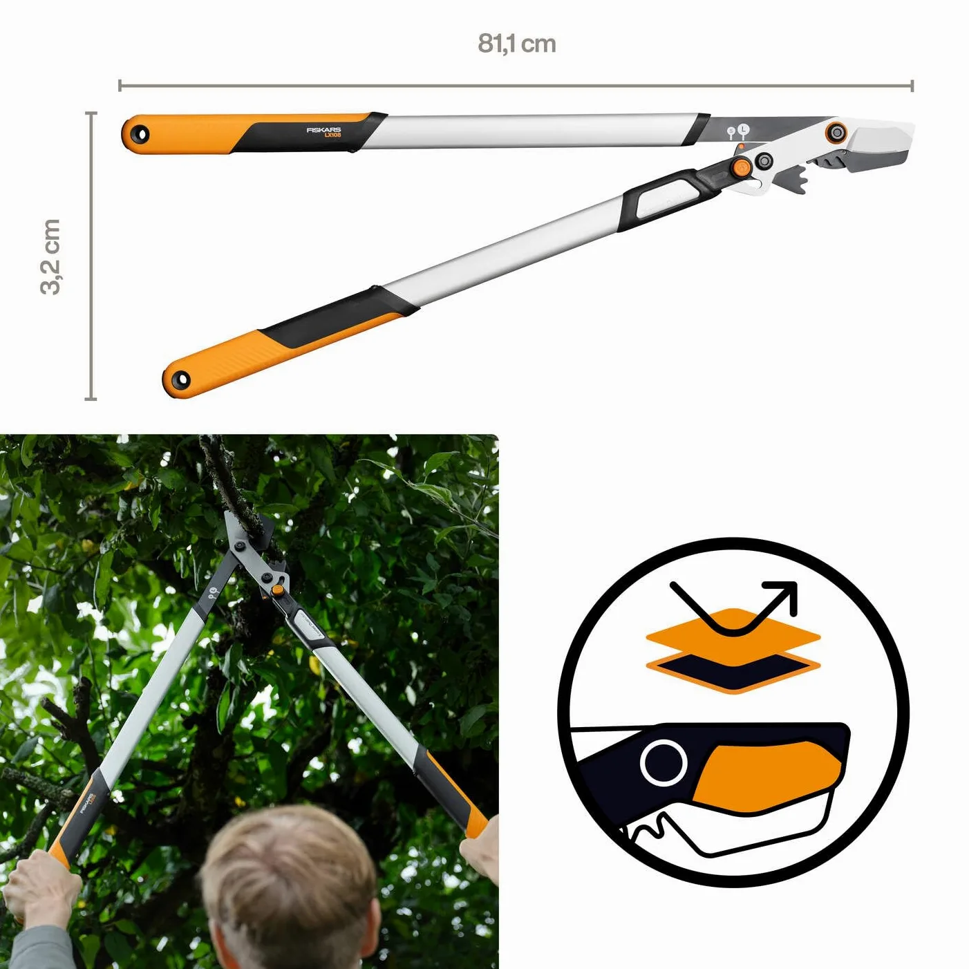 Fiskars X-Series DualAction Sécateur Bypass LX108, Mode 2-en-1 pour des Coupes Rapides ou Puissantes, Lames en Acier Antiadhésif/Bras en Aluminium Léger avec Poignée Souple, Noir/Orange, 1080133