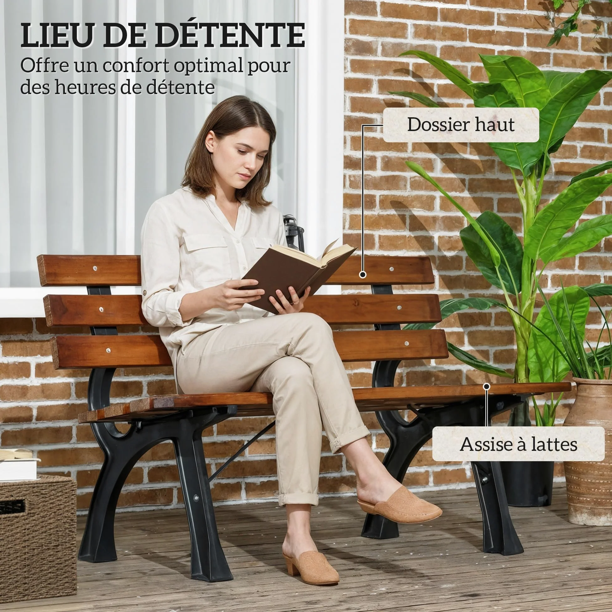 Outsunny Banc de Jardin extérieur 2 Places en Aluminium et Lattes de Bois, dim. 120L x 57l x 70H cm