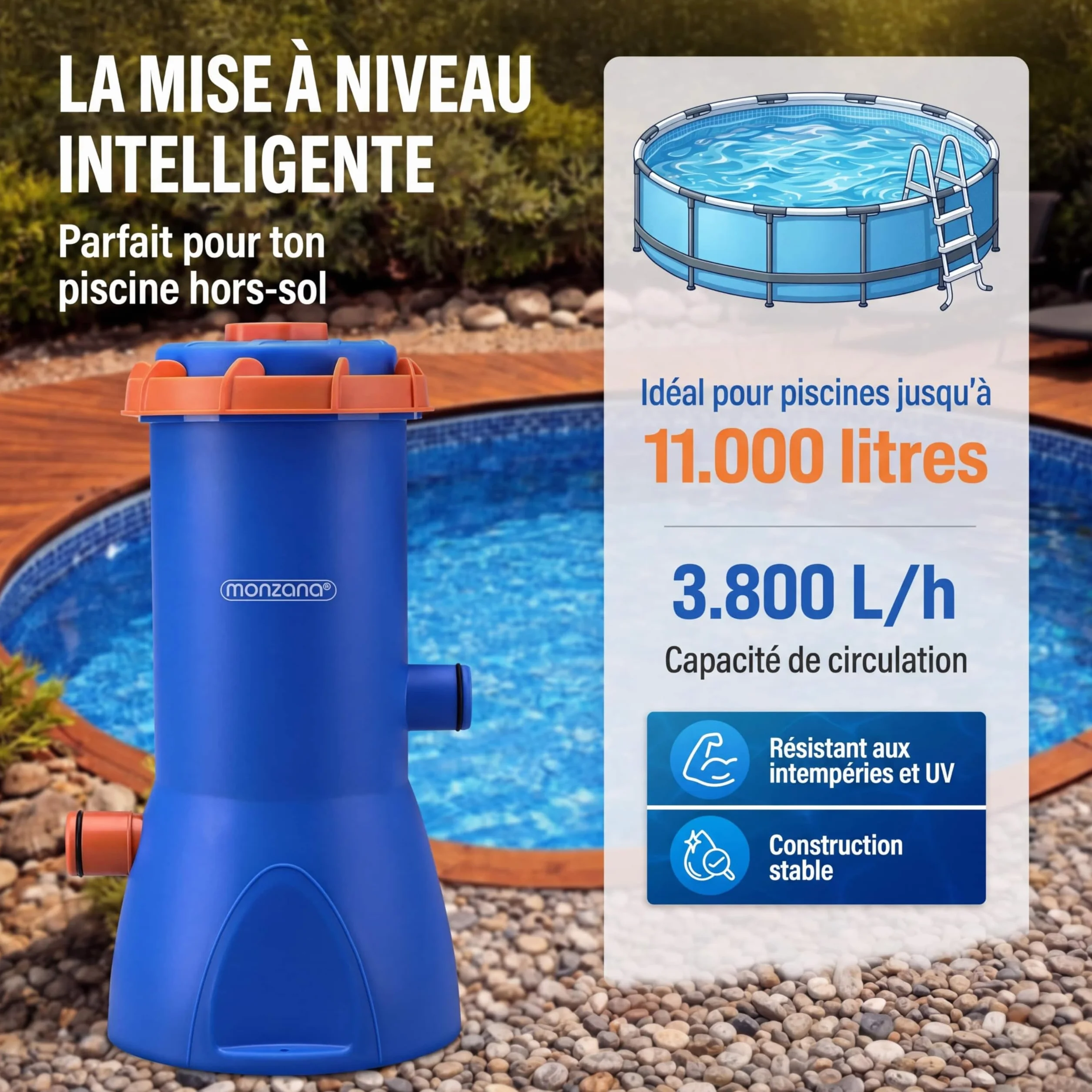 Monzana Pompe de Filtration pour Piscine MZP90 3.800 l/h Puissance 90W Cartouche de Filtration filtrante tuyaux Pompe Piscine Eau