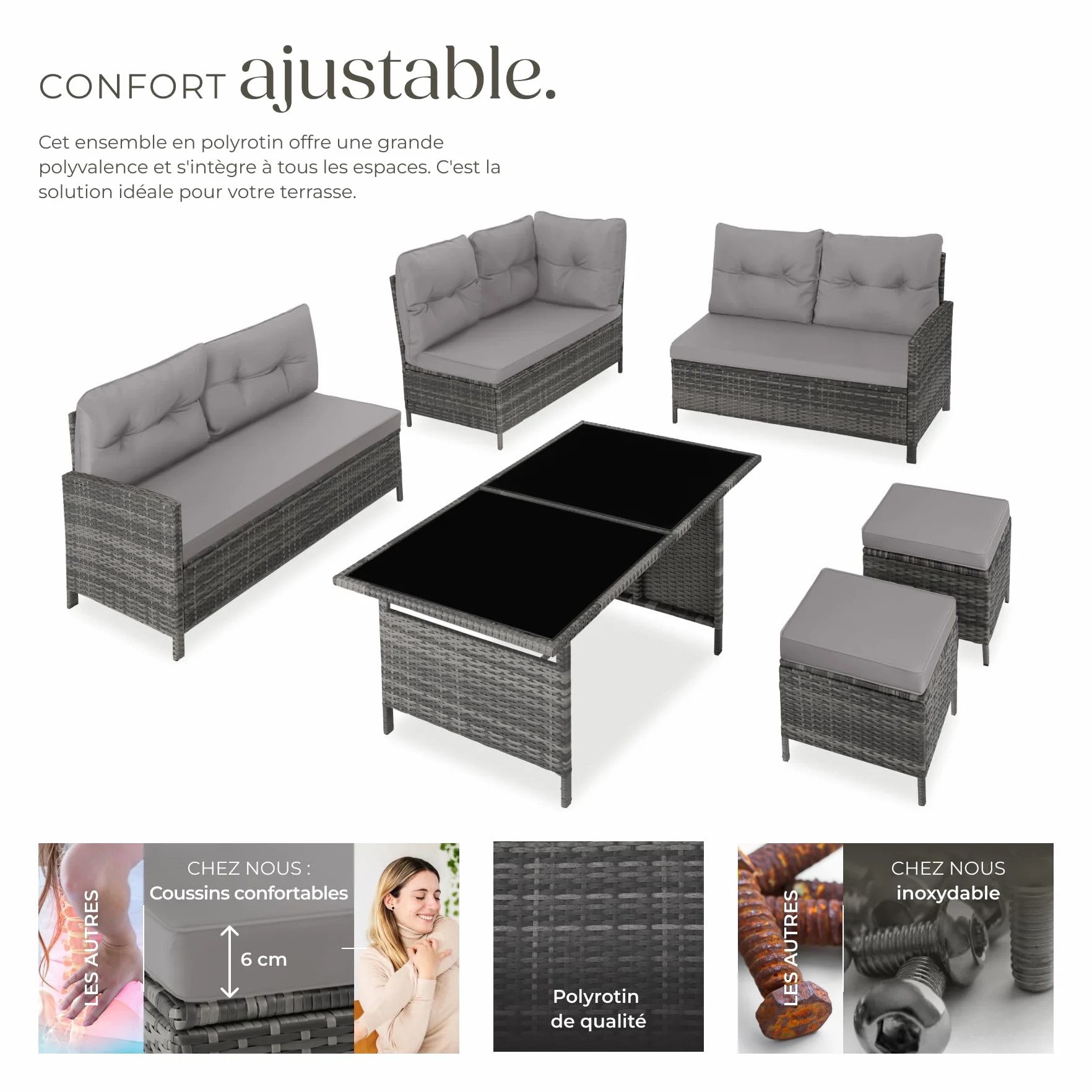 tectake Salon de Jardin Exterieur Rotin Modulable Canape Angle Table Verre 2 Tabouret Pouf Coussins Inclus
