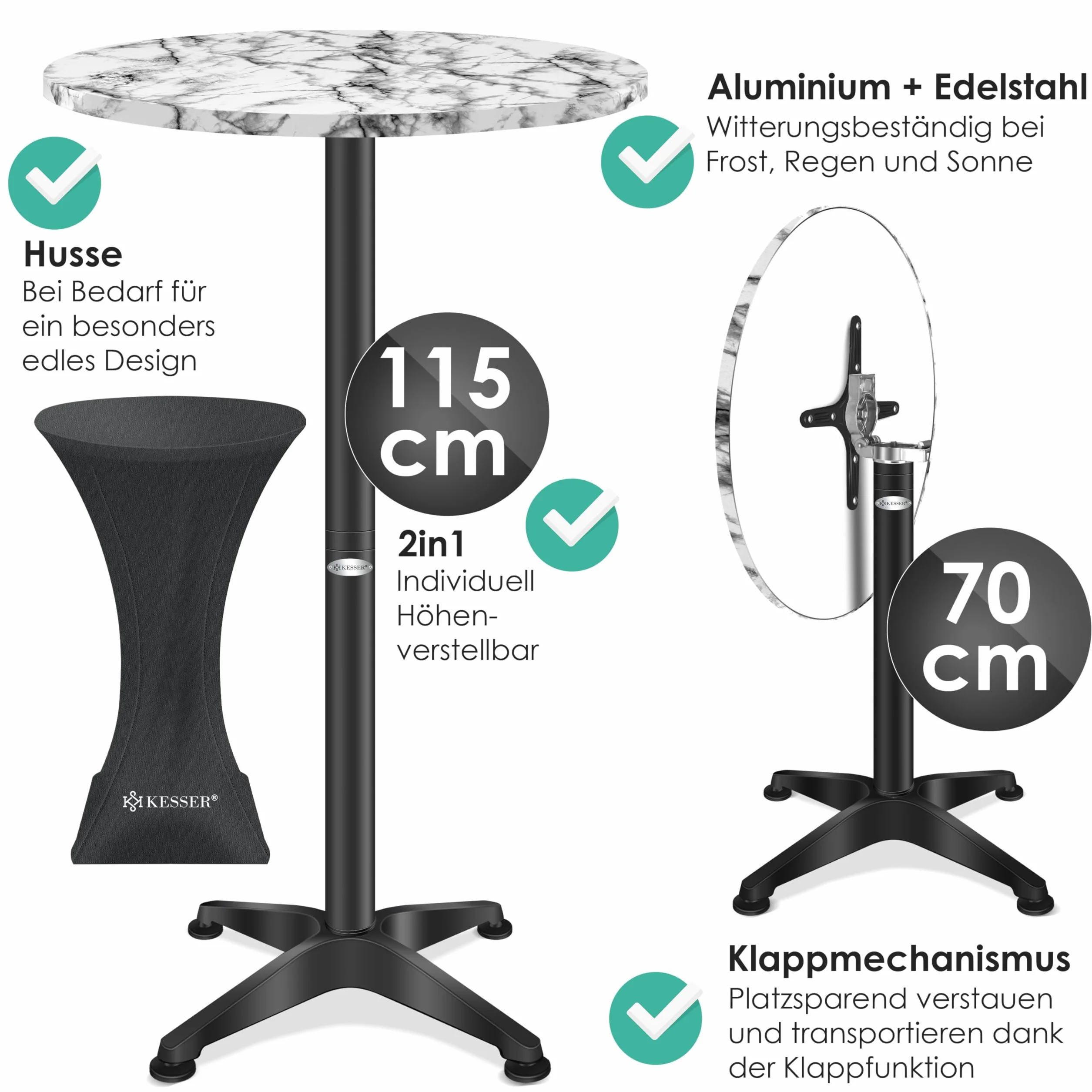 KESSER Table de bistrot pliable 2 en 1 - Plateau aluminium acier inoxydable - Hauteur réglable 70/115 cm - Ø 80 cm - Table pliante intérieur extérieur