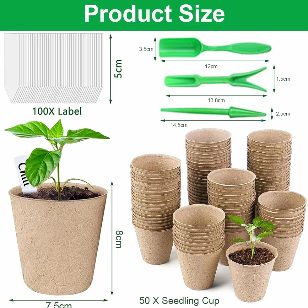 Pots Culture,50pcs Pots de Culture,Godets Semis Plantes,Pot de Semis Fibre,avec 50pcs Etiquette Plante et 3 Outils de Repiquage,pour Serre Jardin Potager