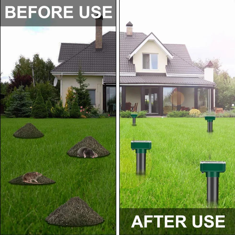 Lot de 4 répulsifs solaires anti-taupes : IP65 étanche - Répulsif contre les taupes - Répulsif solaire à ultrasons pour la répulsion des taupes - Lutte contre les parasites pour le jardin