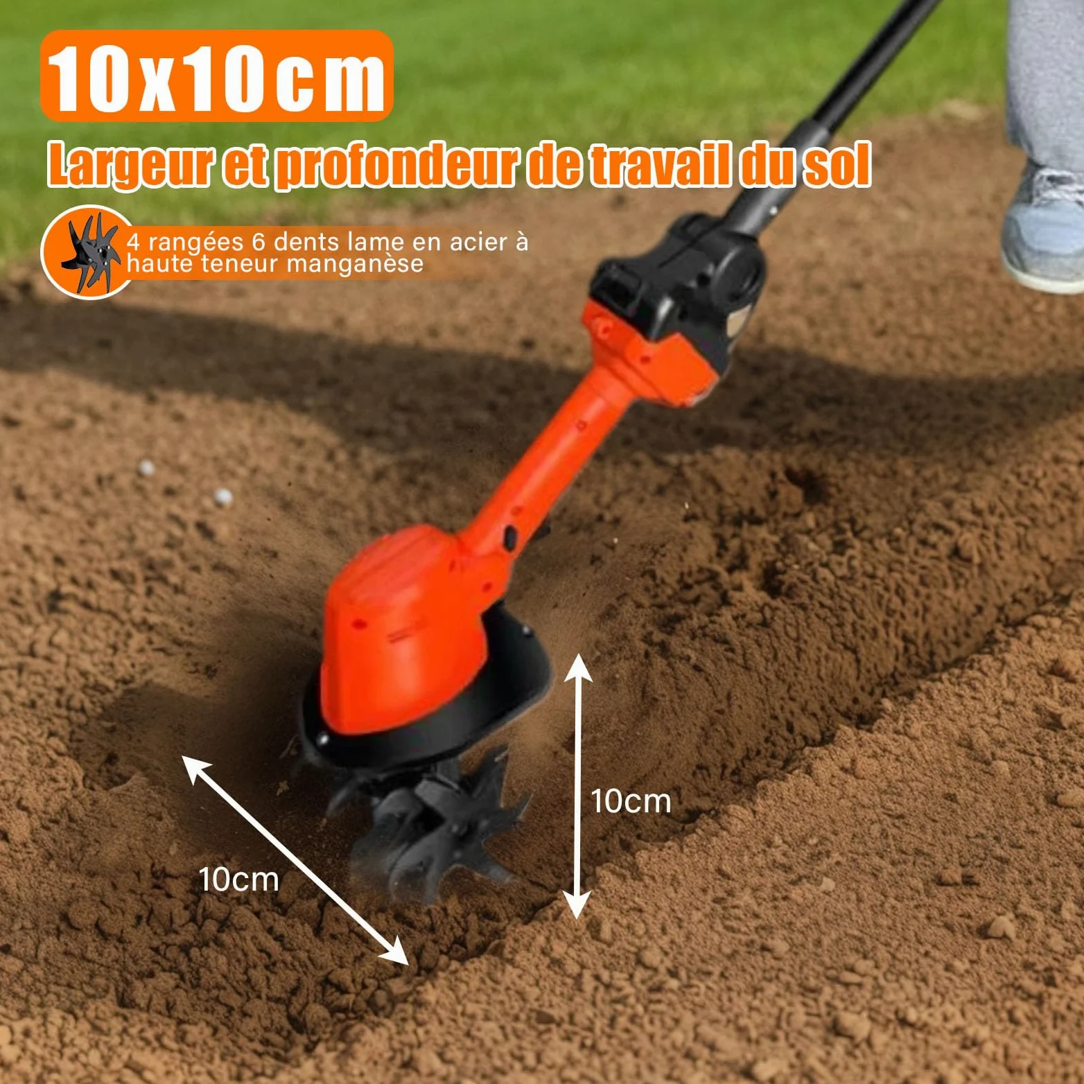 Motobineuse Électrique Sans Fil, 21V Motoculteur Portable avec Batterie et Charge, 235 RPM, Manche Amovible, Largeur/Profondeur de Travail 10/10 cm, Cultivateur pour Yard, Culture du Sol (2 Batteries)
