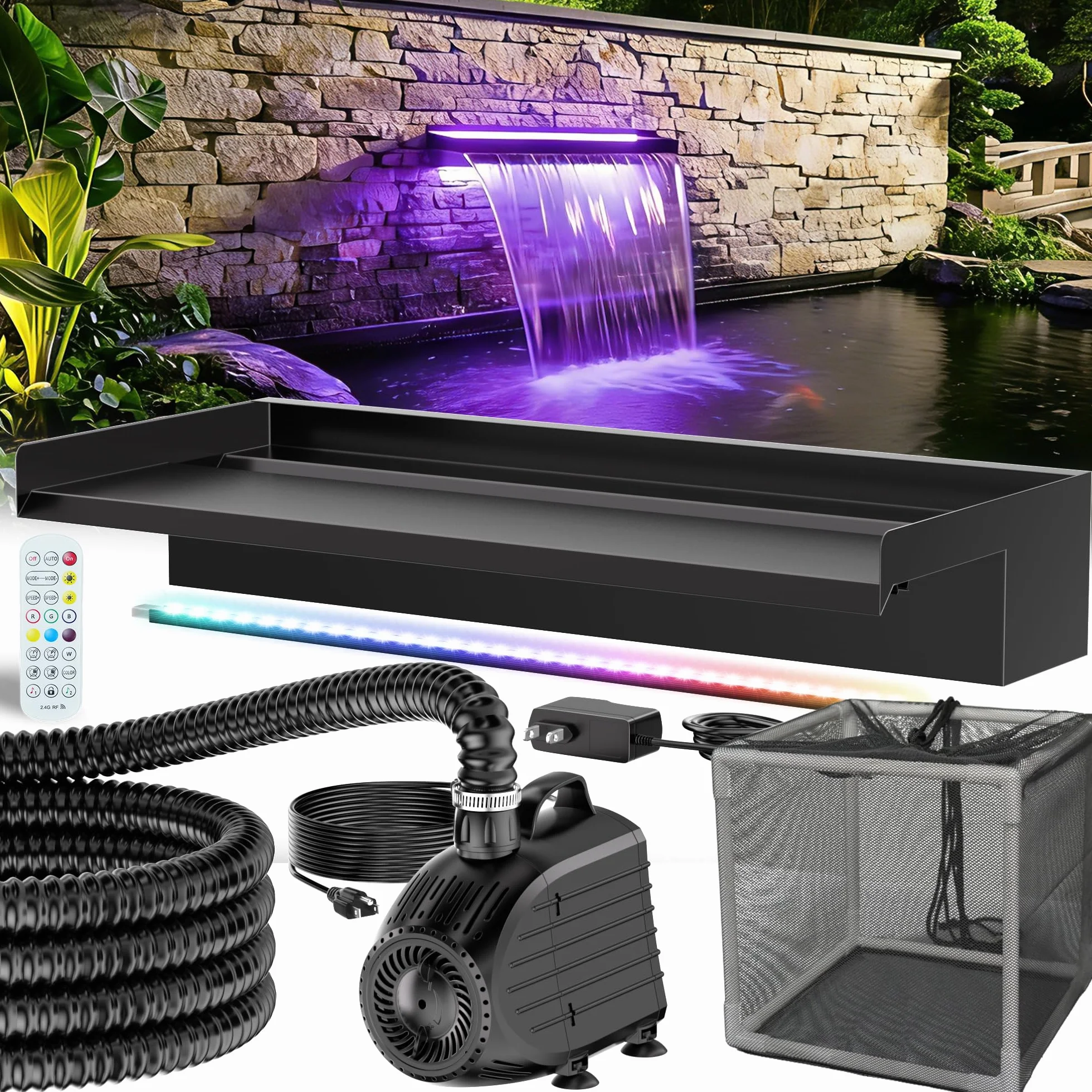 POPOSOAP Kit Cascade Bassin Acier Inoxydable 60cm Pompe Eau 4500 L/h Lumières LED Télécommandées Tuyau Ondulé 3m