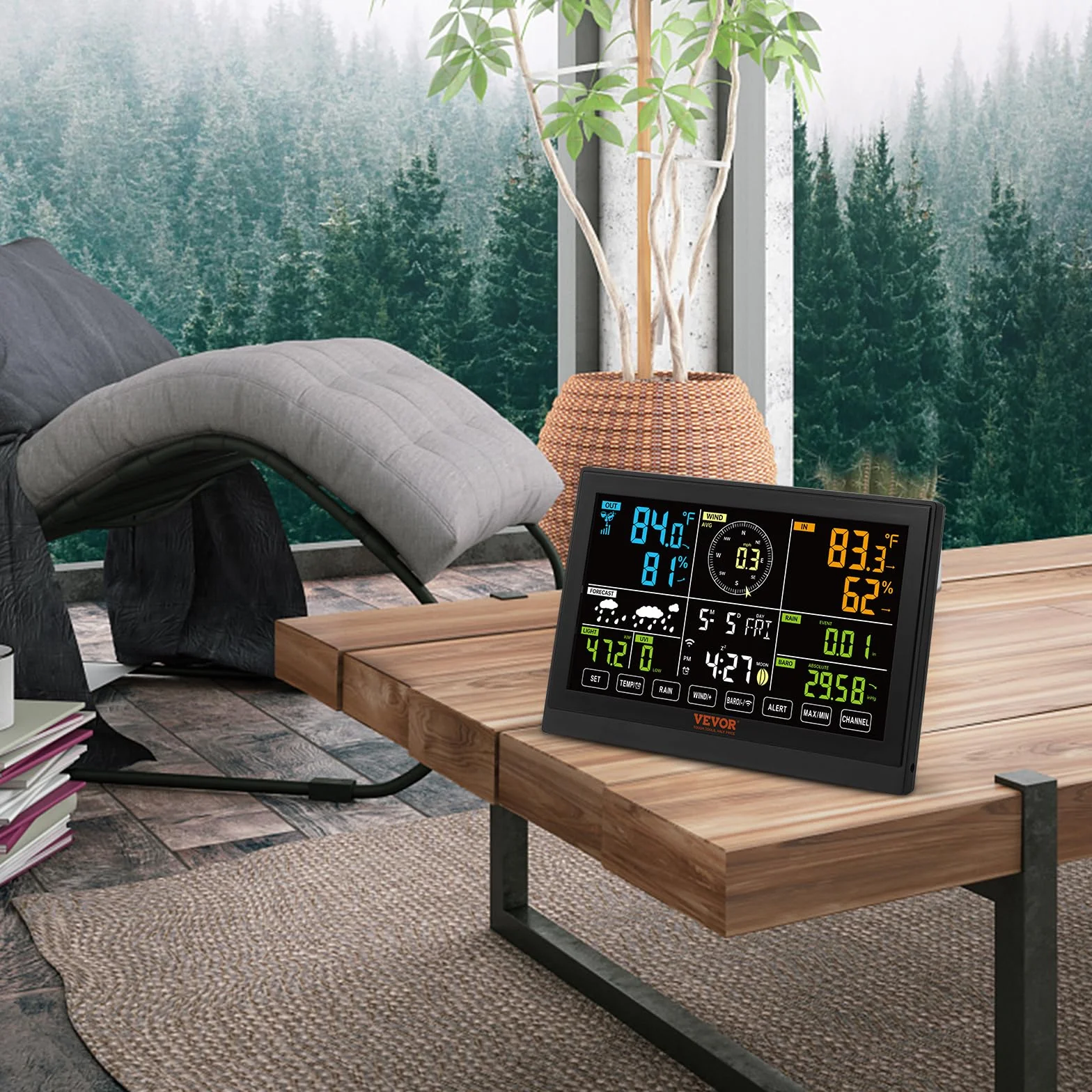 VEVOR Station Météo Wifi 7 en 1 Sans Fil Intérieur Extérieur Solaire Grand Écran 7,5 po Capteur Température Humidité Vent Pluie