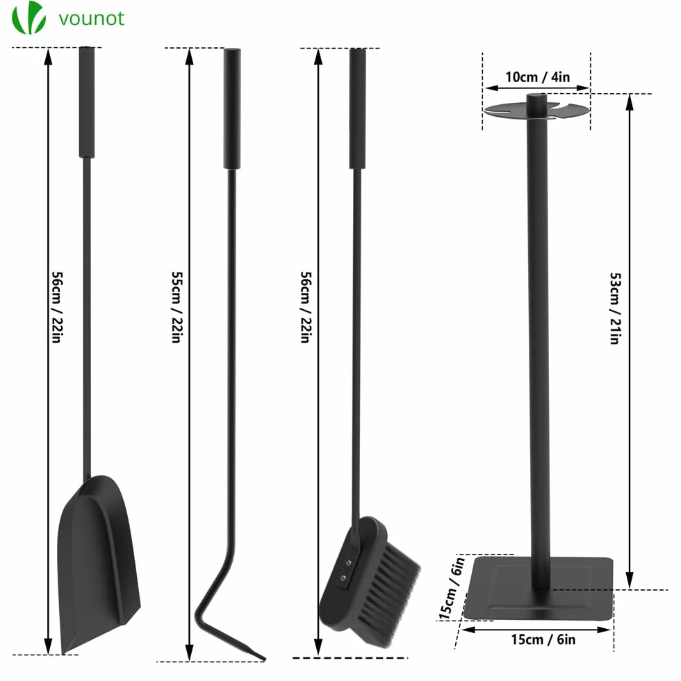 Ensembles d’Outils de Cheminée 4 Pièces en Métal Serviteur de Cheminée Balai Pelle Tisonnier Support Poêle à Bois Noir