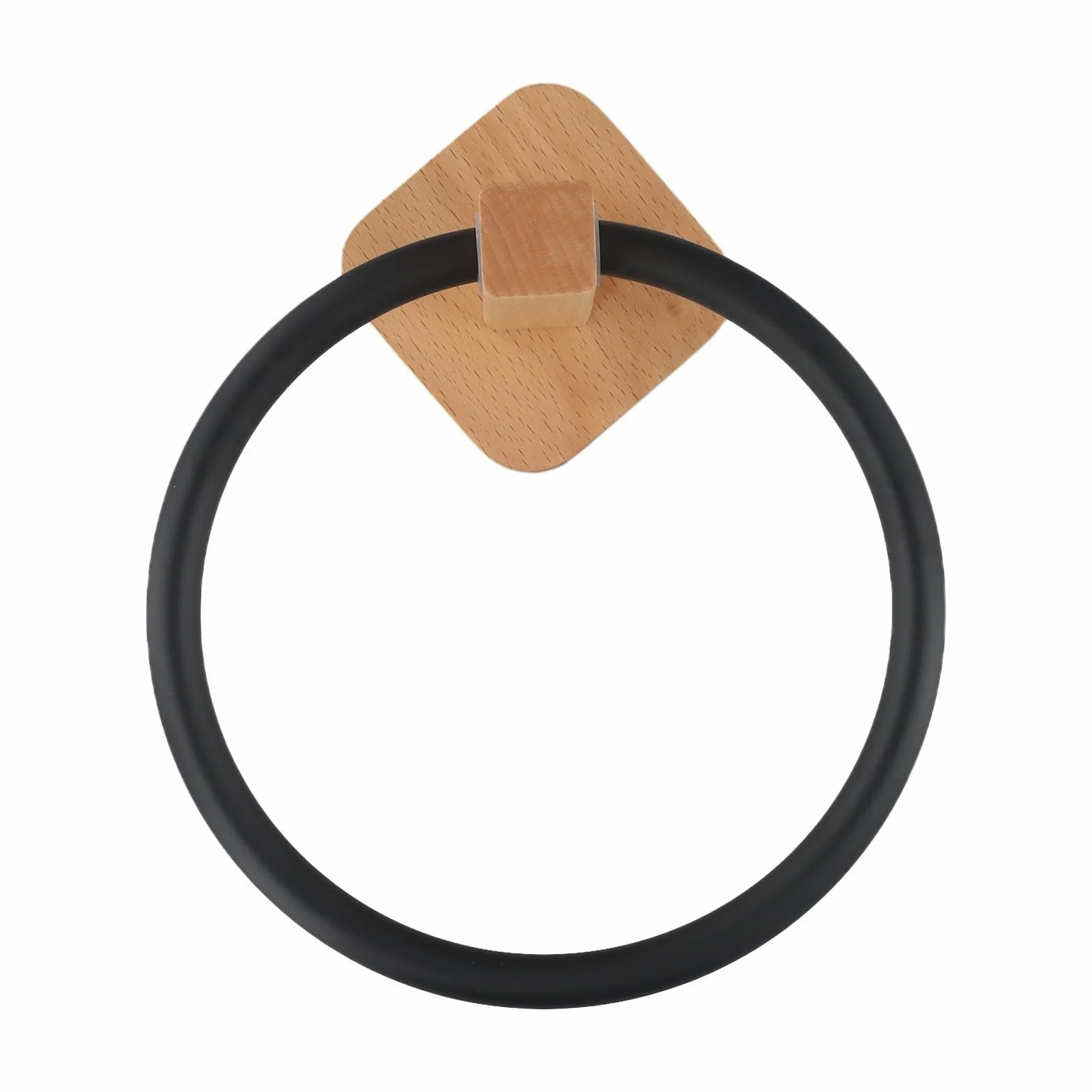 Porte-serviettes mural moderne en bois massif, design sans perçage avec barre en aluminium noir mat, organisateur d'anneau de serviette de salle de bain peu encombrant (noir hêtre)
