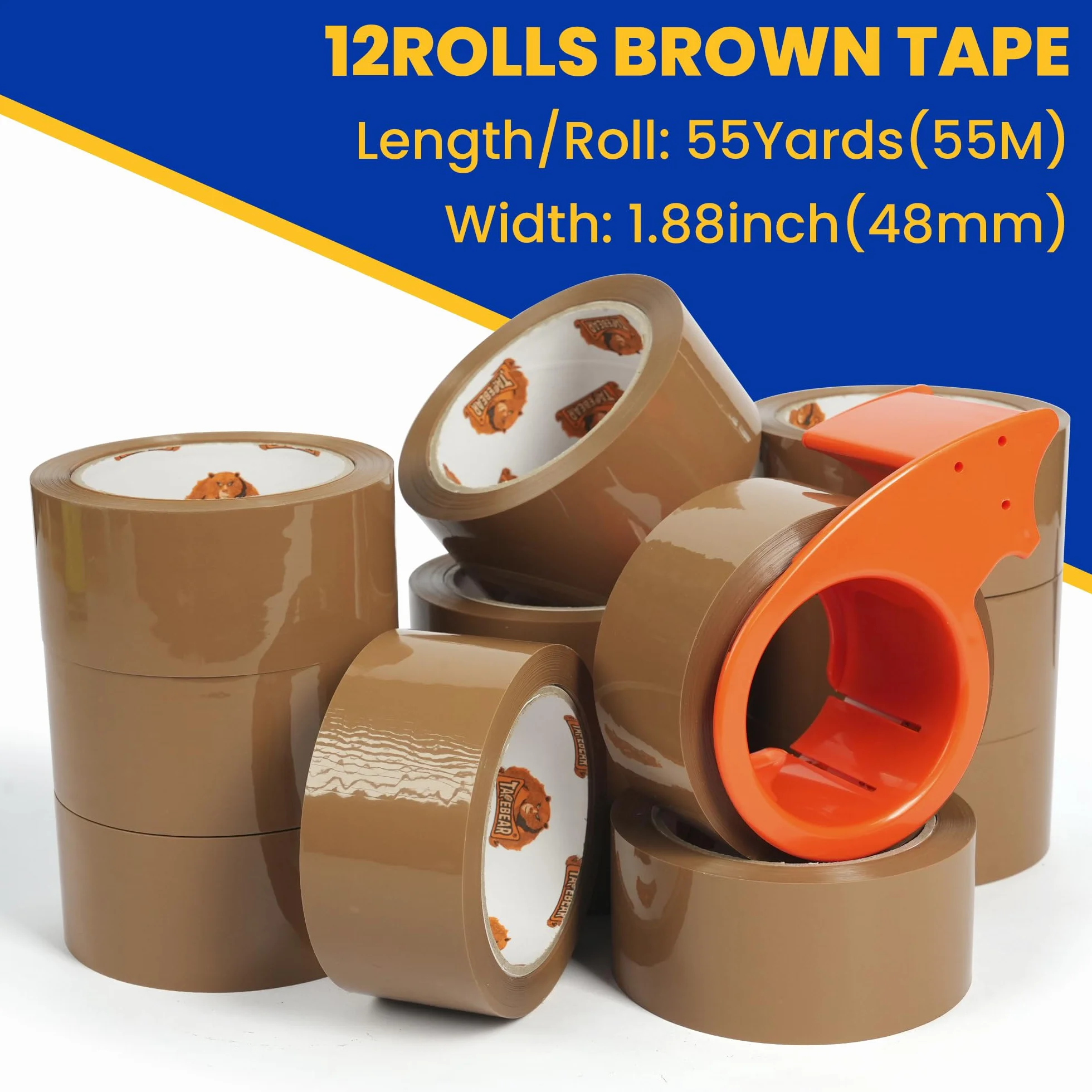 TAPEBEAR Ruban d'Emballage Marron 66 µm 48 mm x 50 m Lot de 12 Rouleaux