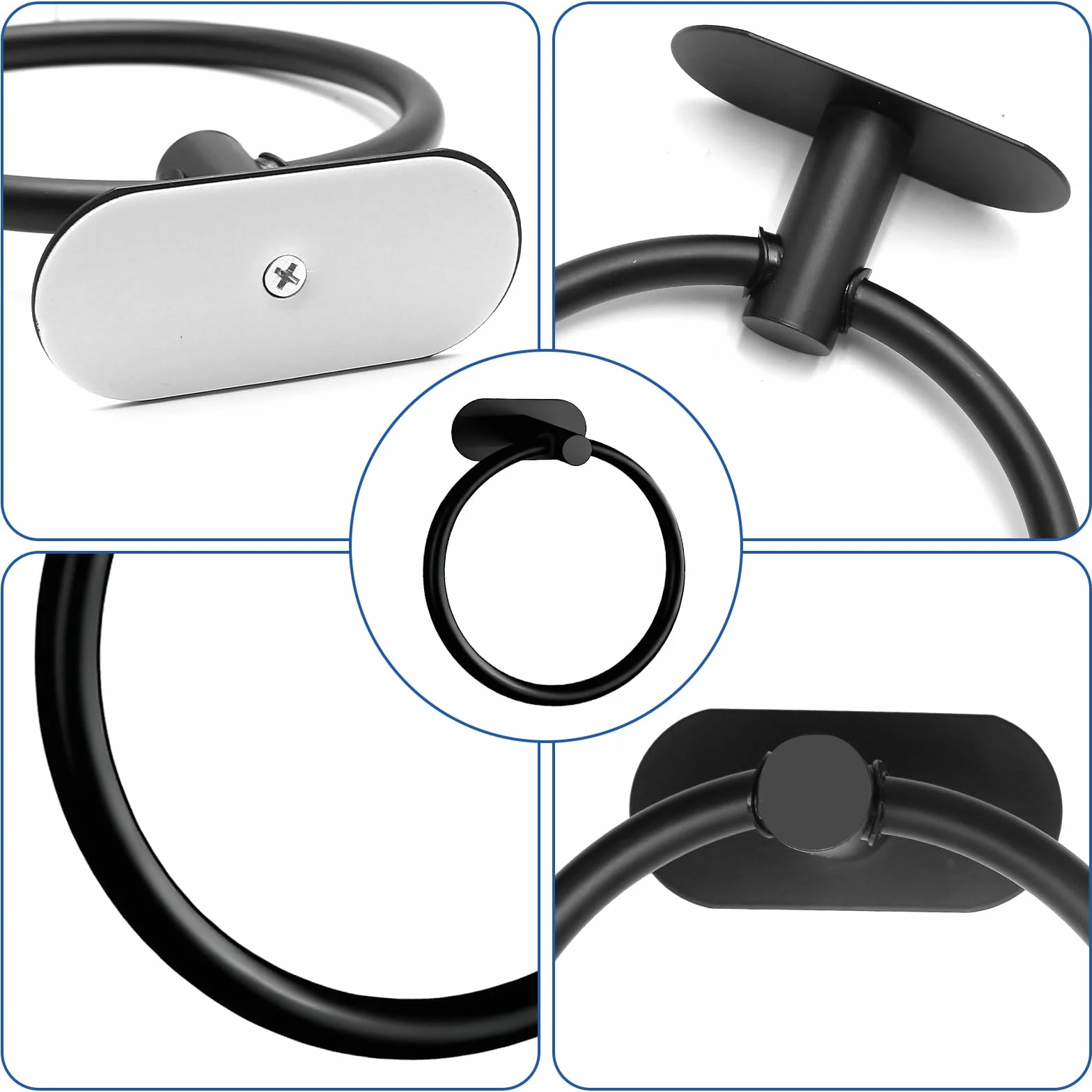 Anneau porte-serviettes en acier inoxydable 304 - Montage mural rond - Noir