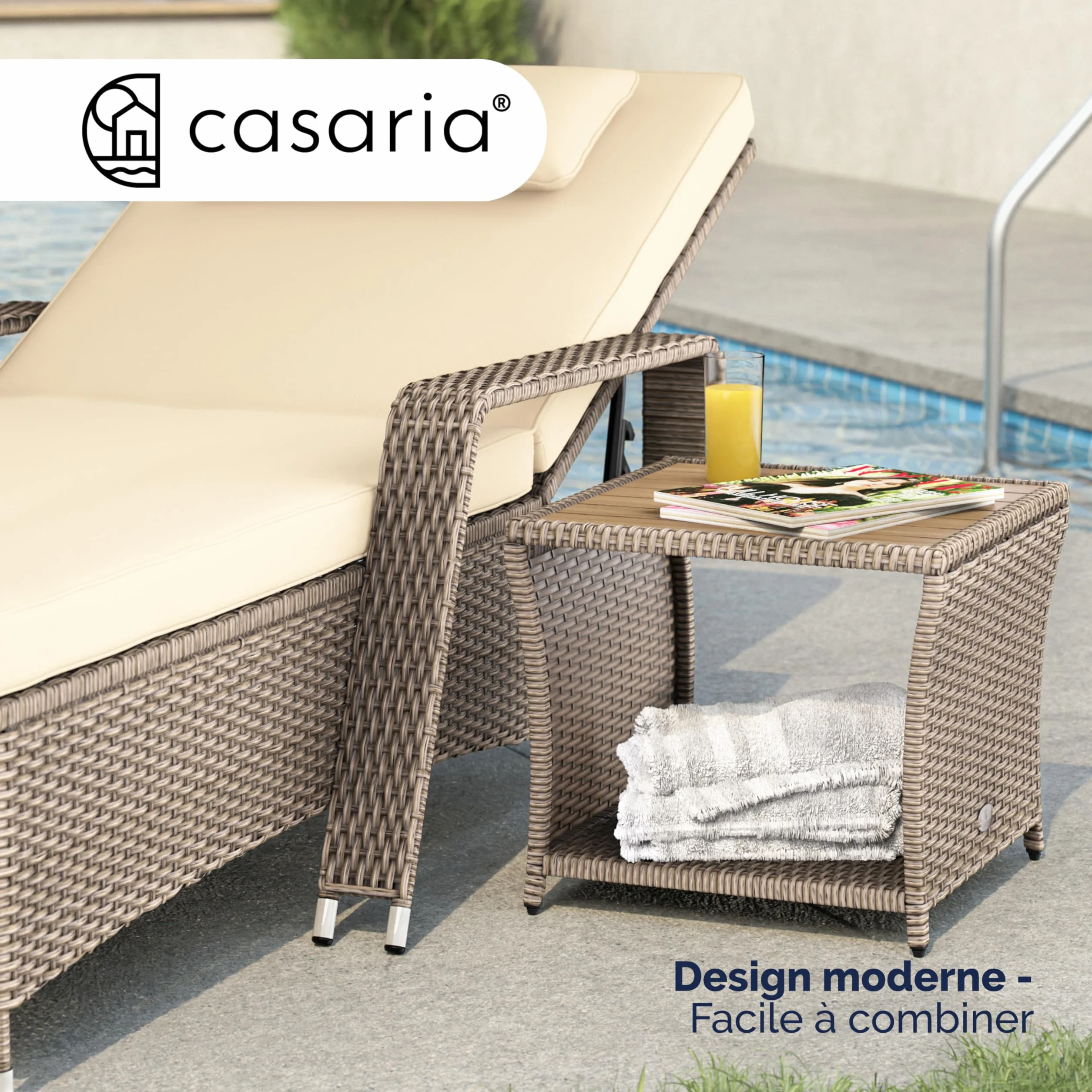 Casaria® Table d'appoint en polyrotin 45x45x40cm crème Plateau en Bois d'acacia Petite Table Basse Jardin Balcon