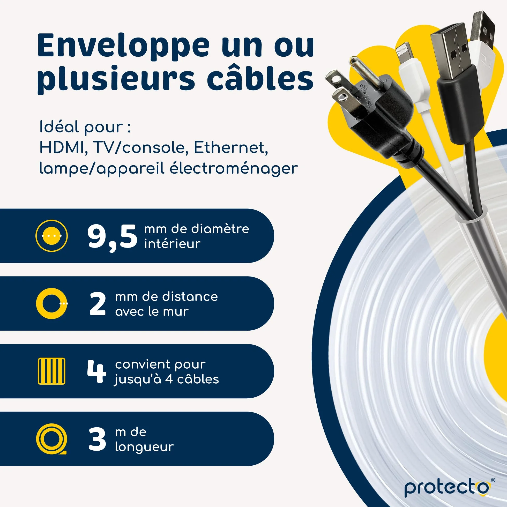 PROTECTO Gaine Protection Câble 3 m Ø 9 mm Anti-Morsure Transparente