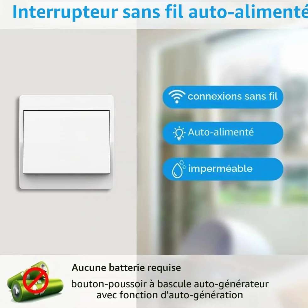 EU Interrupteur sans fil sans piles Lot de 2 Kit Autoalimenté Va-et-vient Radio Télérupteur Éclairage Domestique (1Gang 2V1 A)