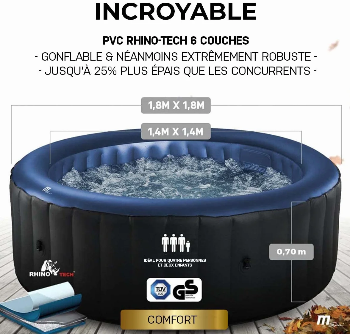 Miweba MSpa Spa Gonflable Extérieur Bergen C-BE041 | Rond ⌀ 180,0 cm - Spa Gonflable 4 Personnes - Nettoyage UV-C - Jusqu'à 1077 L - 40°C - Télécommande - 118 Jets (4 Personnes)
