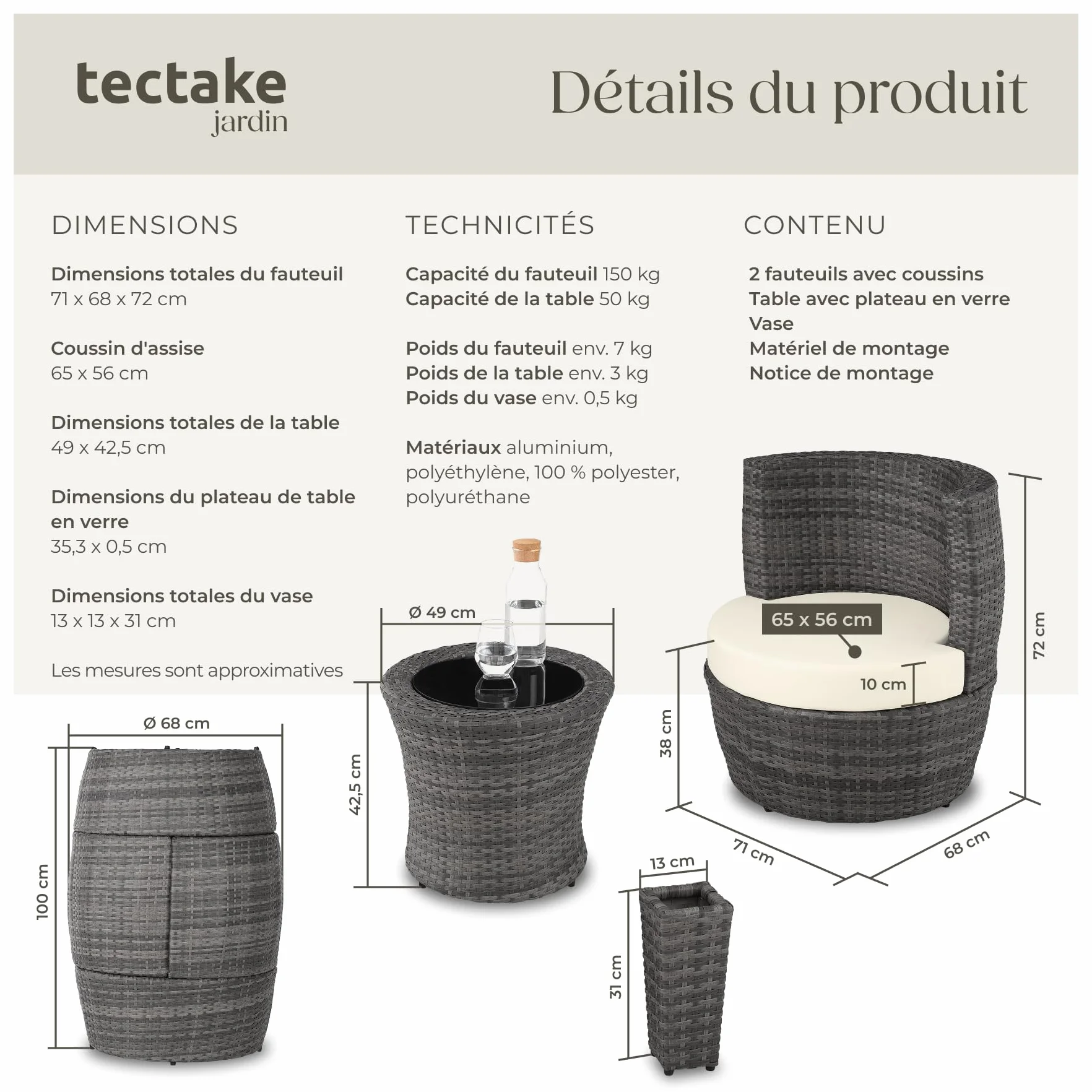 Ensemble Salon de Jardin Aluminium Poly Rotin 2 Personnes Fauteuil Table Coussins Pot de Fleur Inclus