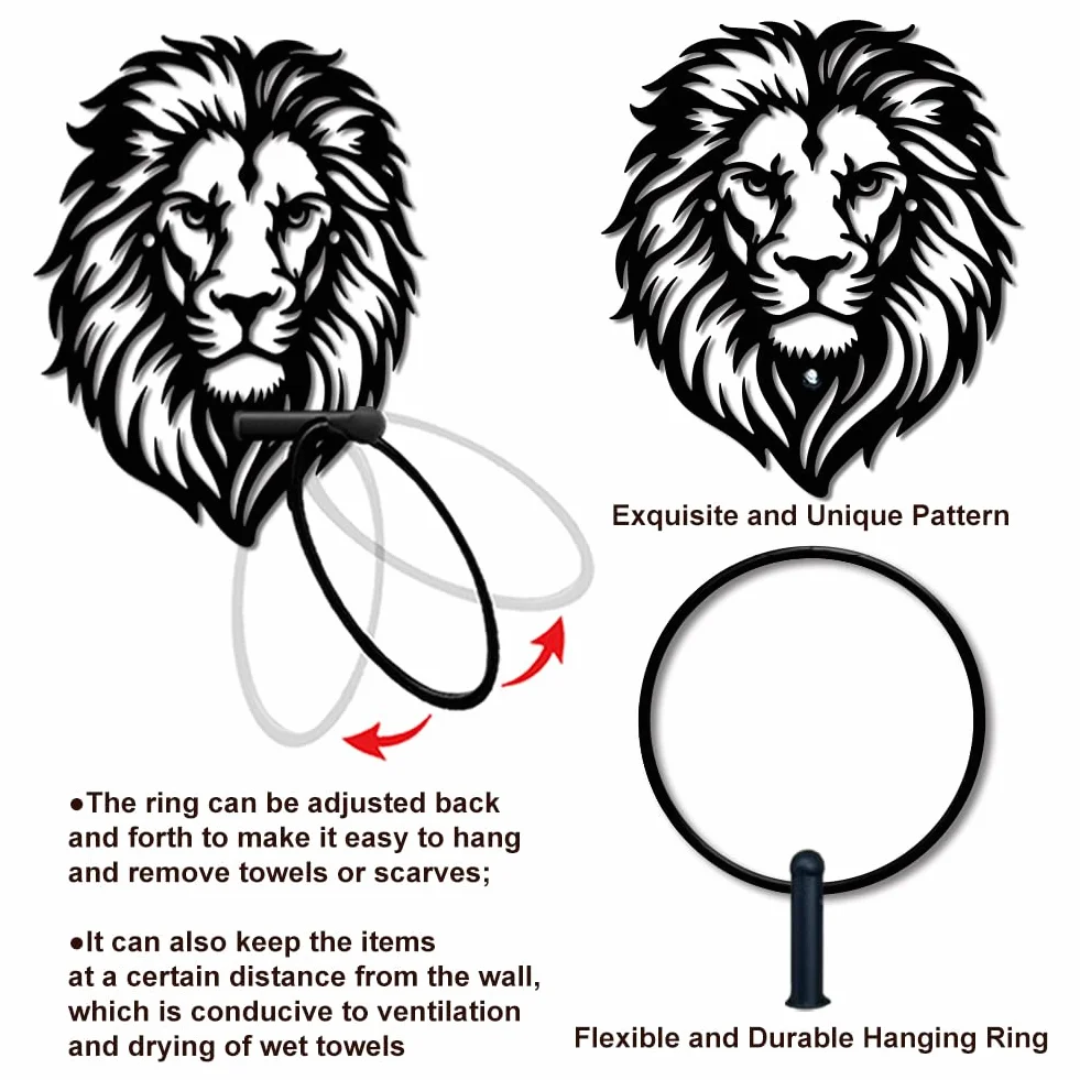 MAYJOYDIY Anneau Porte Serviette en Métal Tête de Lion Noir Motif Animaux Forêt Accessoires Salle de Bain