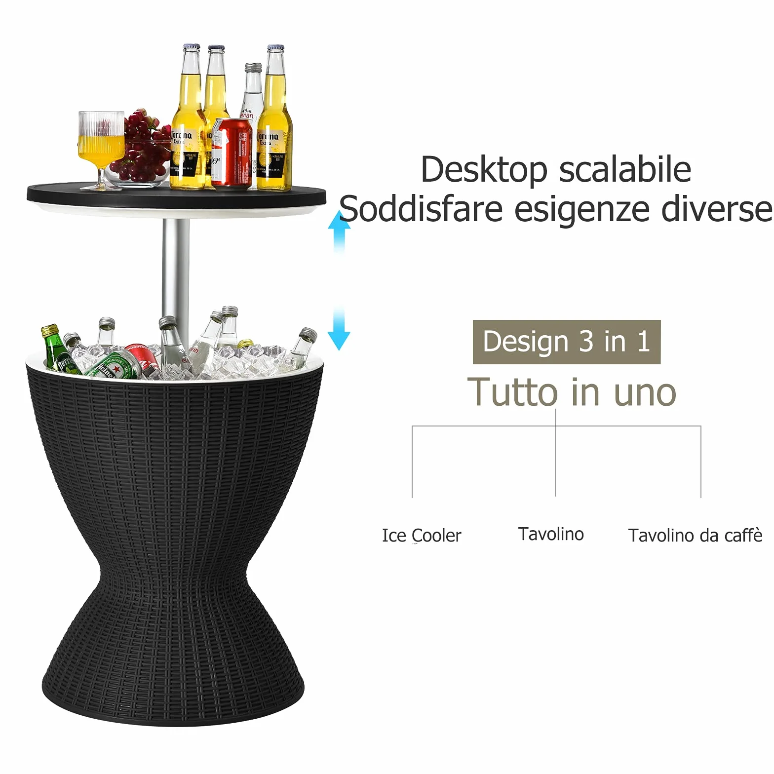Table Glacière 30L Seau à Glace Imitation Rotin avec Plateau Relevable 2 en 1