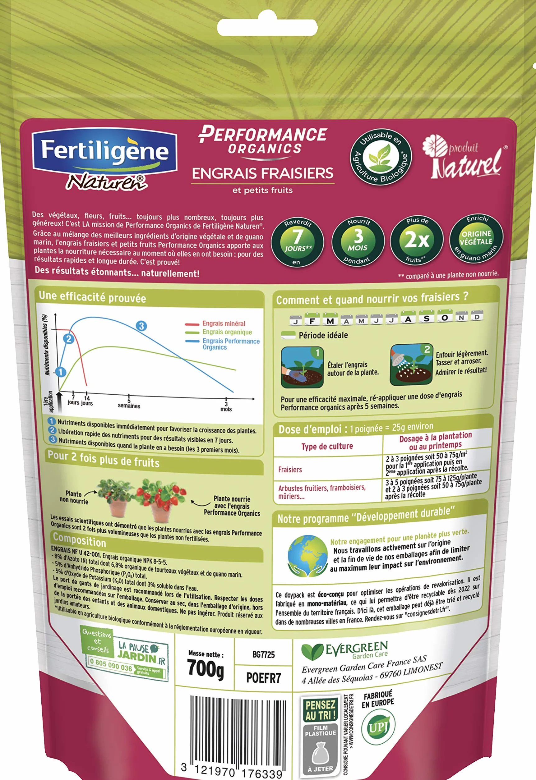 FERTILIGENE NATUREN POEFR7 - Engrais Granulés Performance Organics Fraisiers, Petits Fruits UAB 700 g - Résultats dès 1 semaine - Récoltes x2 - Extraits végétaux enrichi en guano marin - Pour 14m²