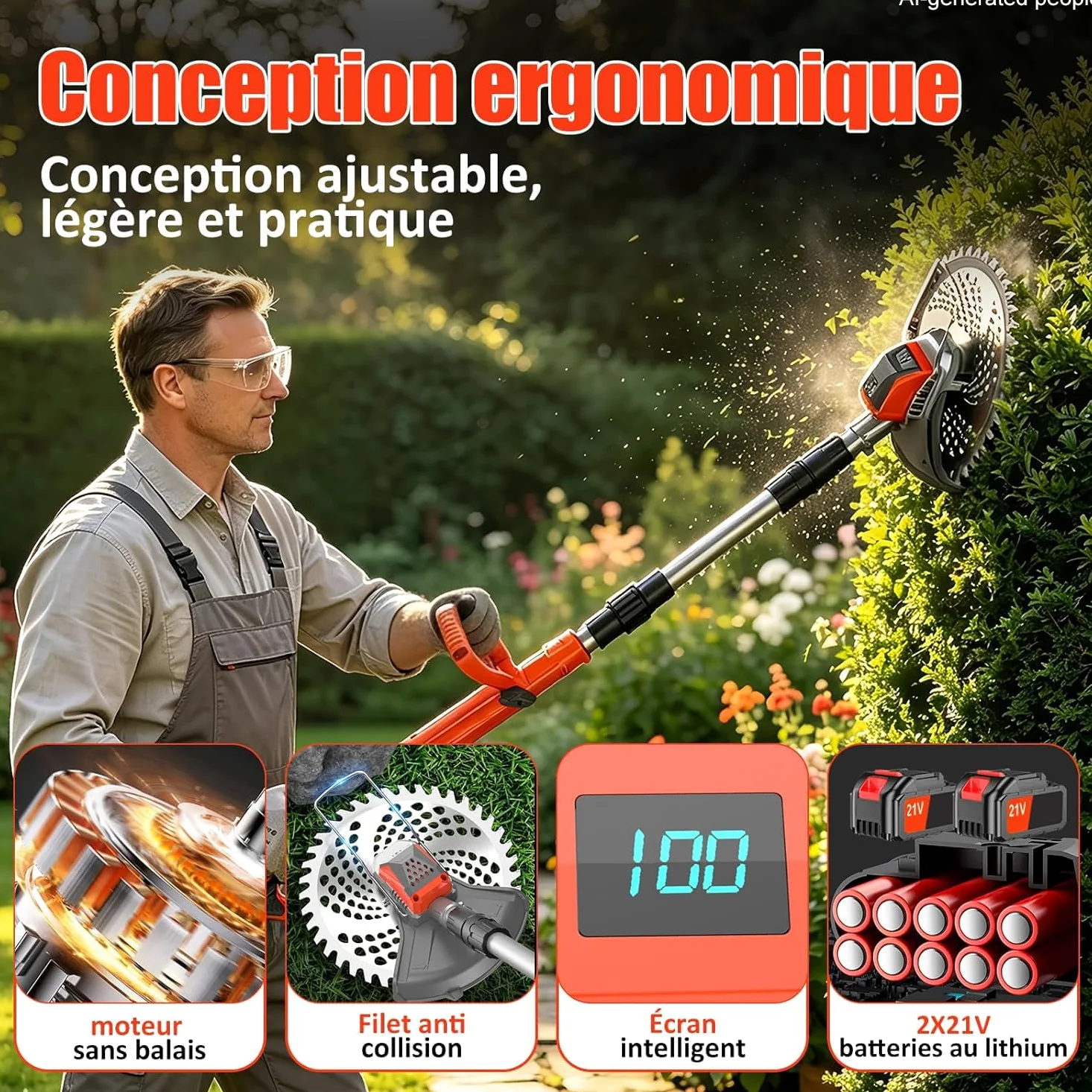 Debroussailleuse Electrique sans Fil, 21V Coupe Bordure sans Fil avec Batterie, Batterie Debrouissalleuses avec 3 Lames, Débroussailleuse Rétractable Convient Aux Jardins et Aux Pel (Rouge-1)