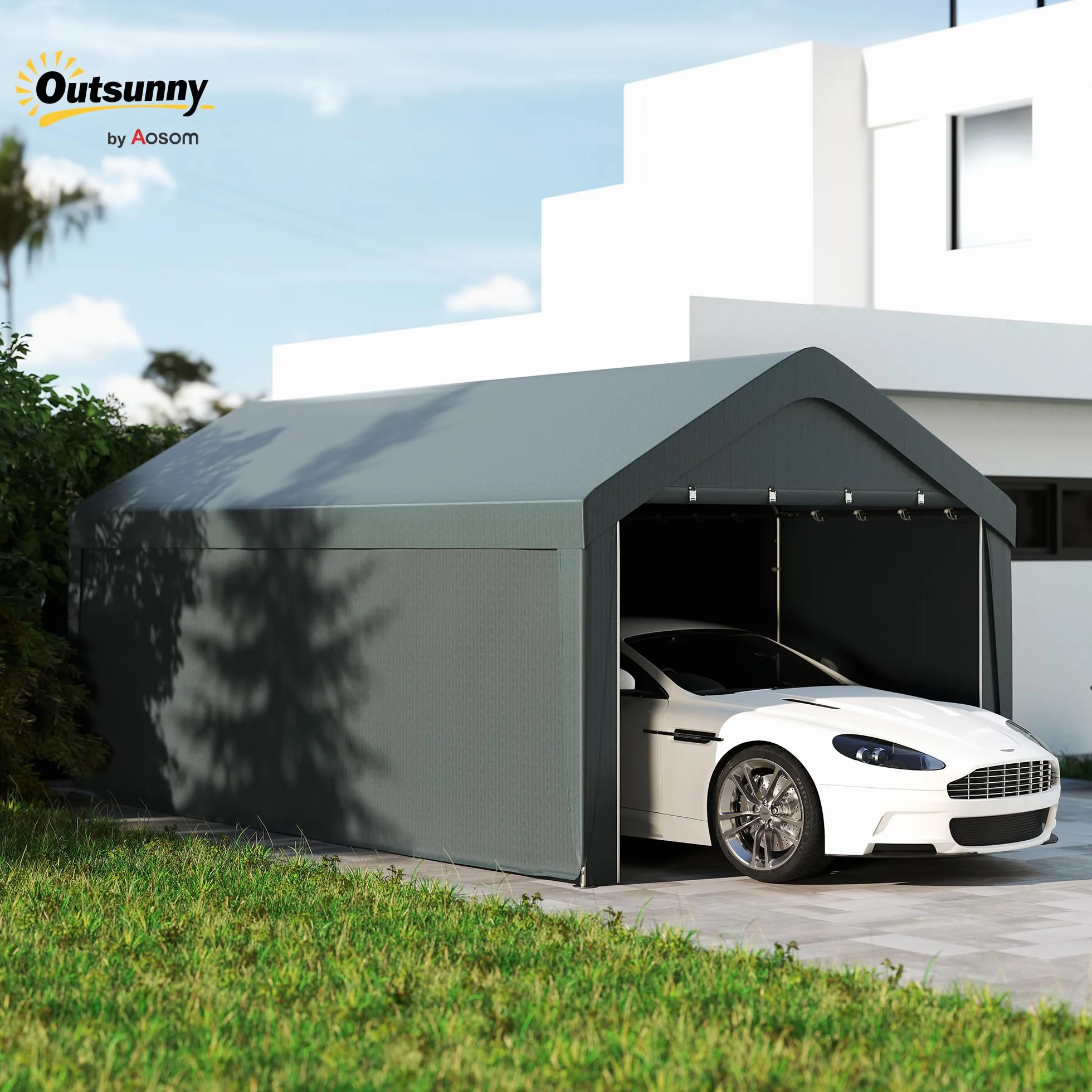Outsunny Carport Tente de Garage 3 x 6 m, abri Voiture extérieur, Tente de Stockage avec parois latérales Amovibles et 2 Portes zippées enroulables, carport pour Voiture, Camion, Bateau, Gris foncé