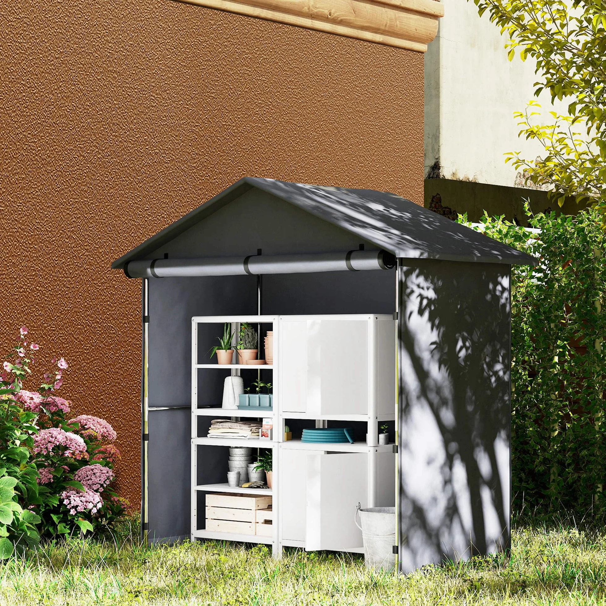 Outsunny Tente de Garage 1,1x2 m avec entrée Enroulable, Cordes et piquets, Acier galvanisé et Oxford 420D Tente de Garage extérieure, pour vélos et Outils de Jardin, UV30+, Gris foncé