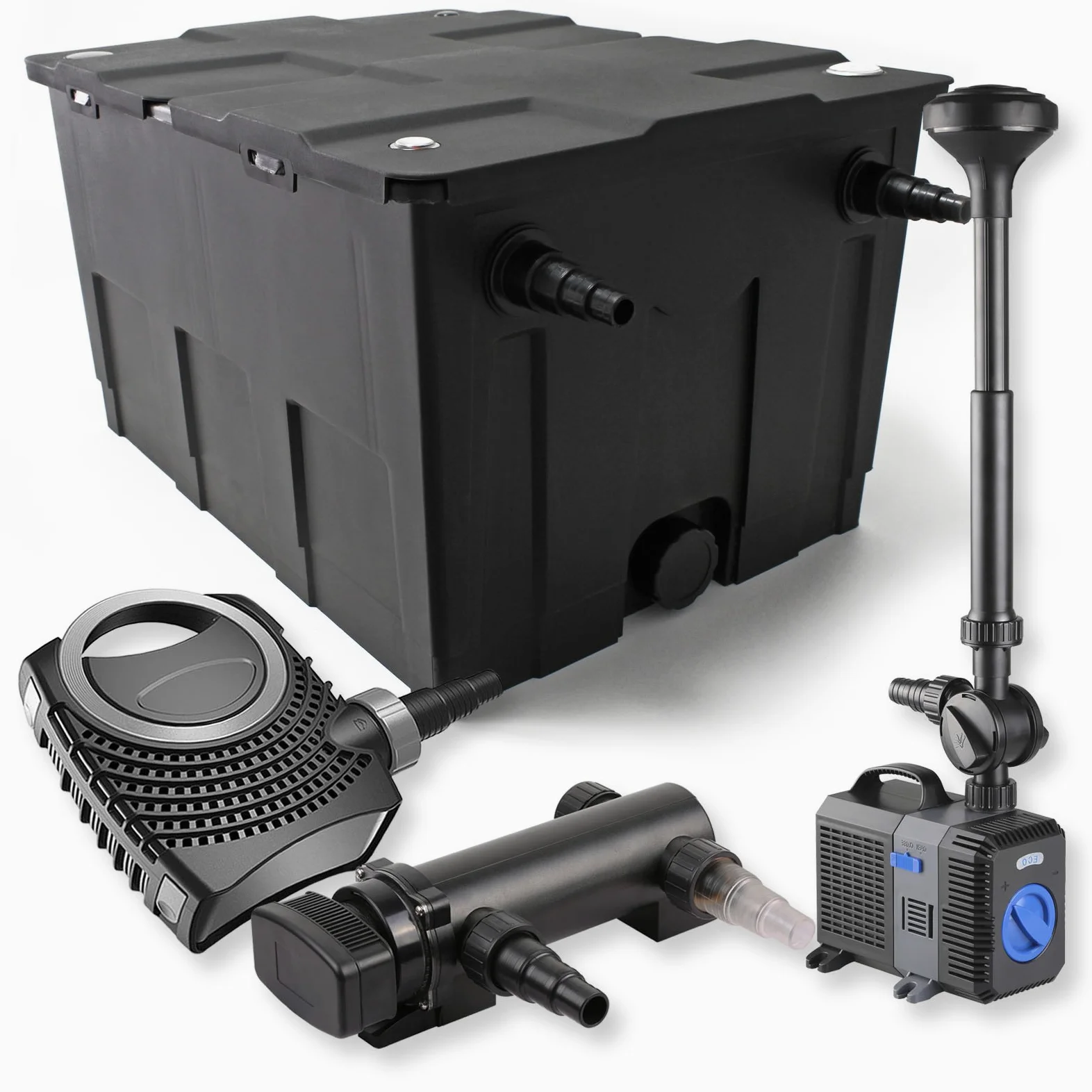 SunSun Kit complet: CBF-550 Filtre de bassin jusqu'à 60000 L Biologique, NEO7000 pompe de filtration 7000l/h 50W, CUV-318 lampe uv UVC Clarificateur avec 18W, CTP-2803 Pompe pour fontaine 3000l/h 10W